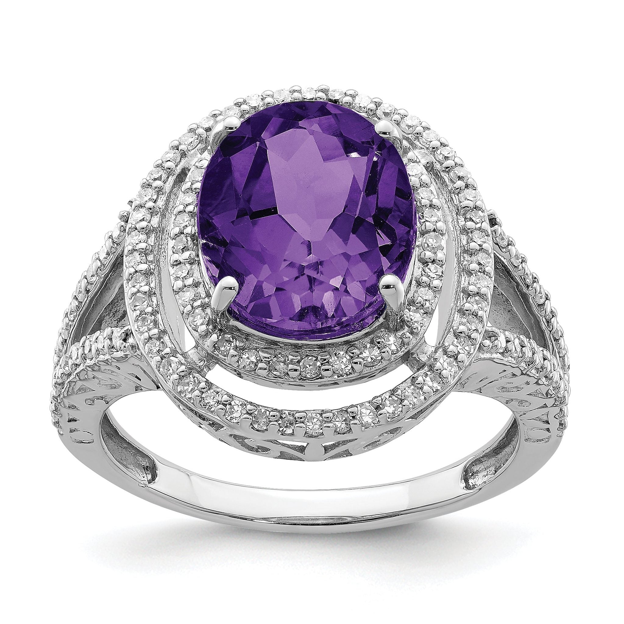 Sterling Silver Rhodium-plated Oval Amethyst & Diamond Ring Main image