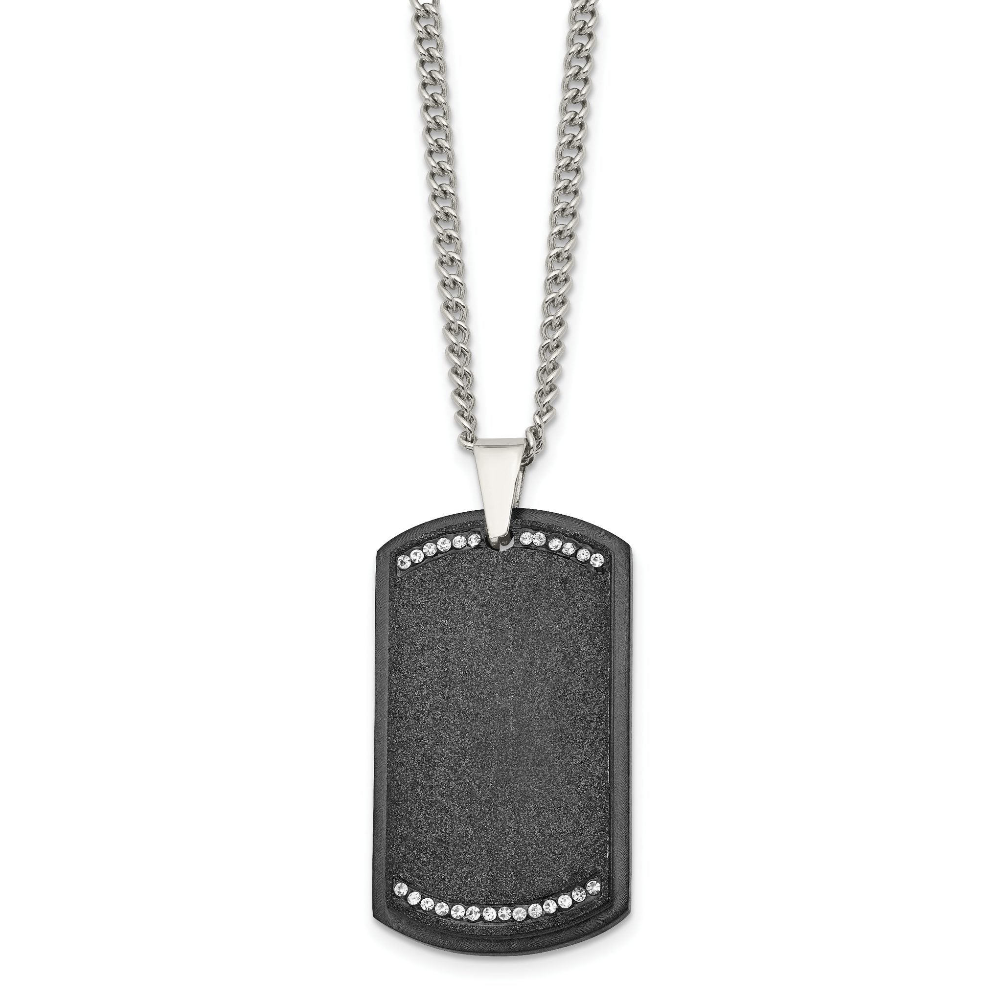 Chisel Stainless Steel Brushed Laser Cut Black IP-plated with CZ Dog Tag on a 24 inch Curb Chain Necklace Main image