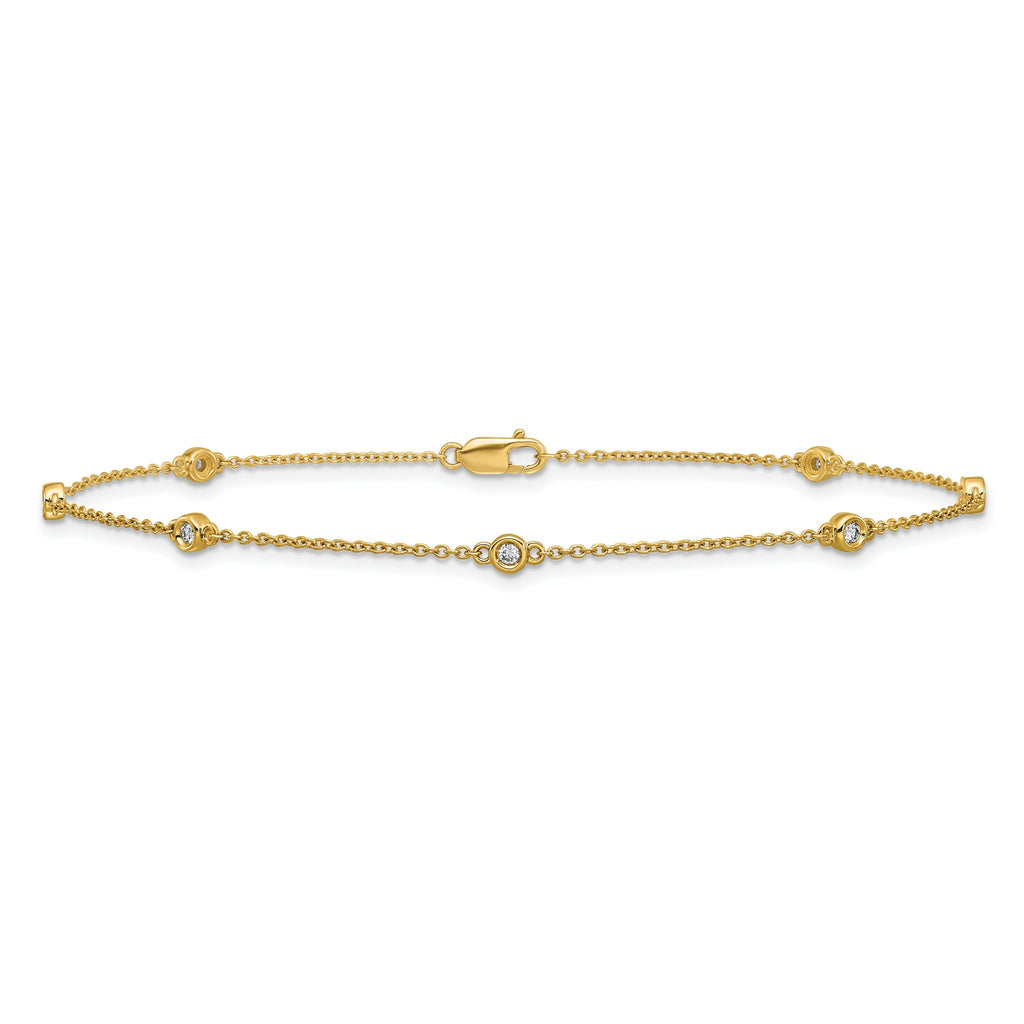 14k Complete 1/6 carat Bezel-set Diamond and Cable Chain 7-Station 9 inch Anklet