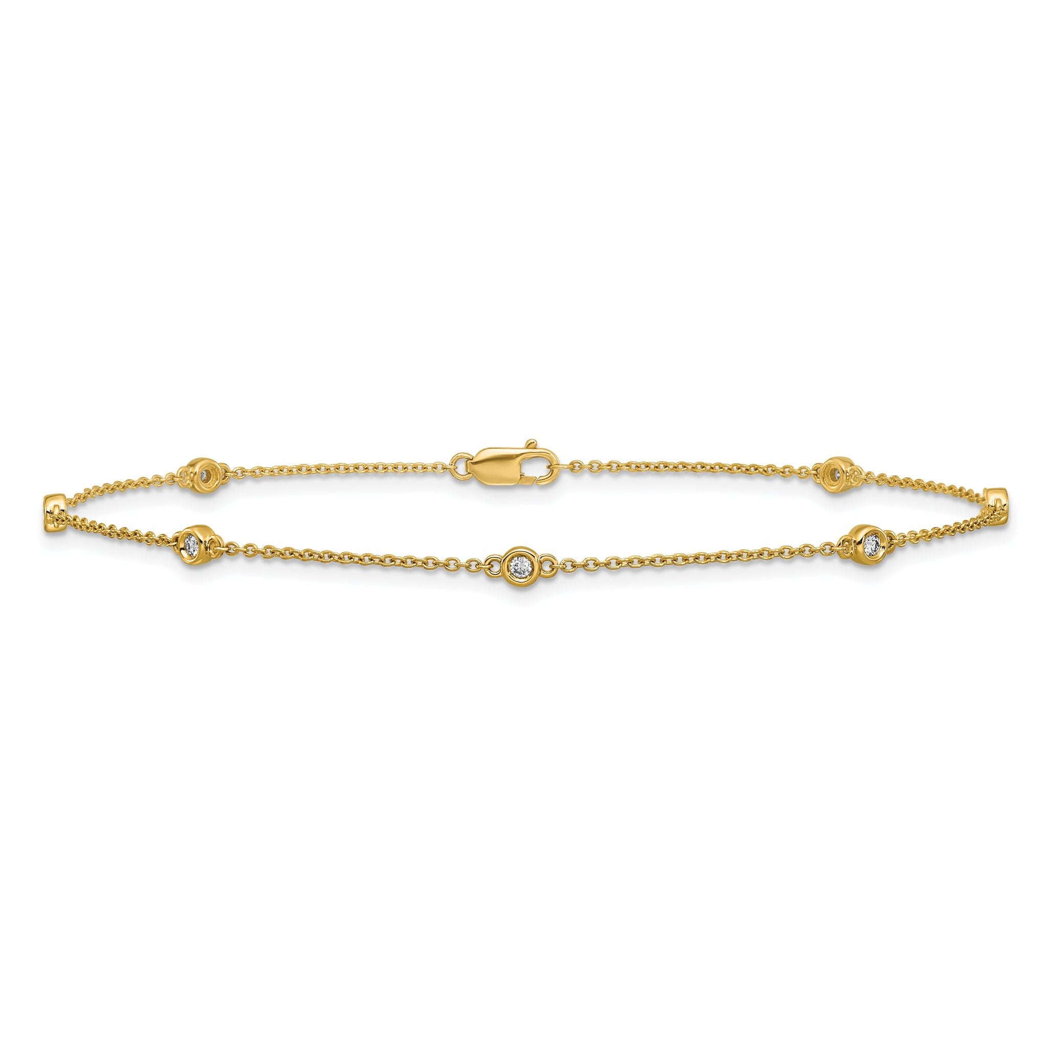 14k Complete 1/6 carat Bezel-set Diamond and Cable Chain 7-Station 9 inch Anklet
