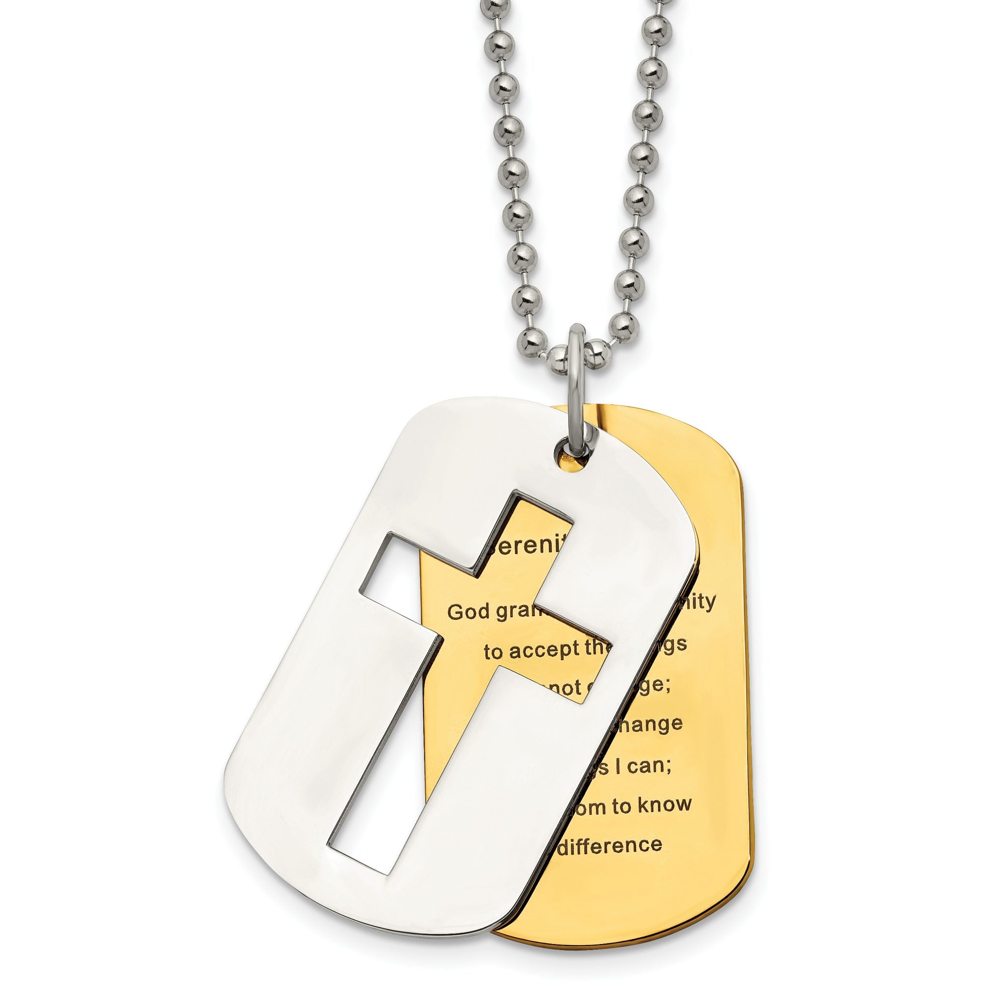 Chisel Stainless Steel Polished Yellow IP-plated 2 Piece Cross Serenity Prayer Dog Tag on a 22 inch Ball Chain Necklace Main image