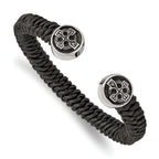 Stainless Steel Antiqued and Polished Black Leather Celtic Cross Cuff Bangle Bracelet for Men