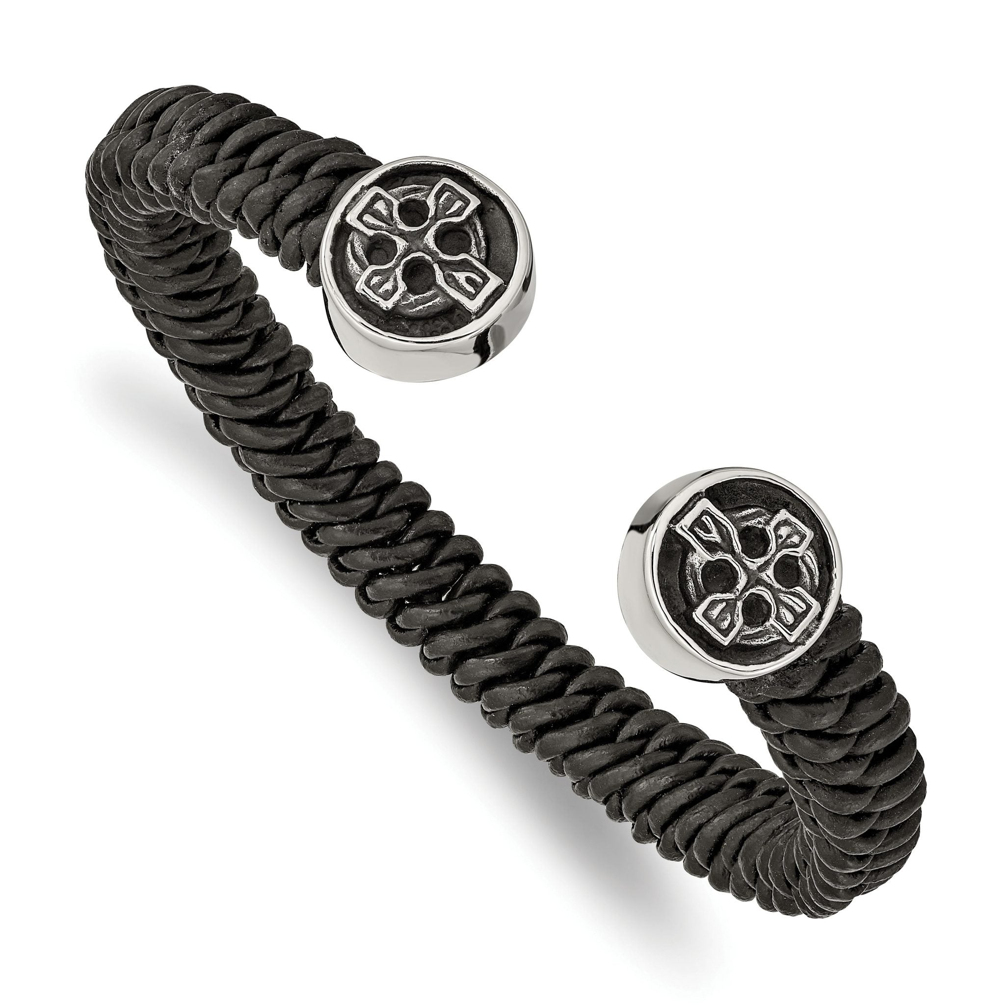 Stainless Steel Antiqued and Polished Black Leather Celtic Cross Cuff Bangle Bracelet for Men