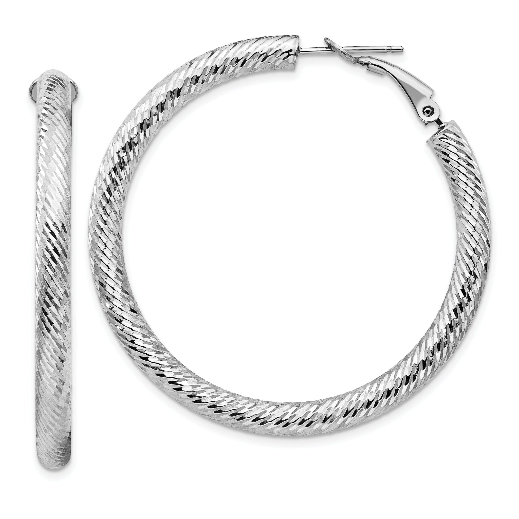 14K White Gold Diamond-Cut Hoop Earrings with Omega Back  Polished Finish Main image