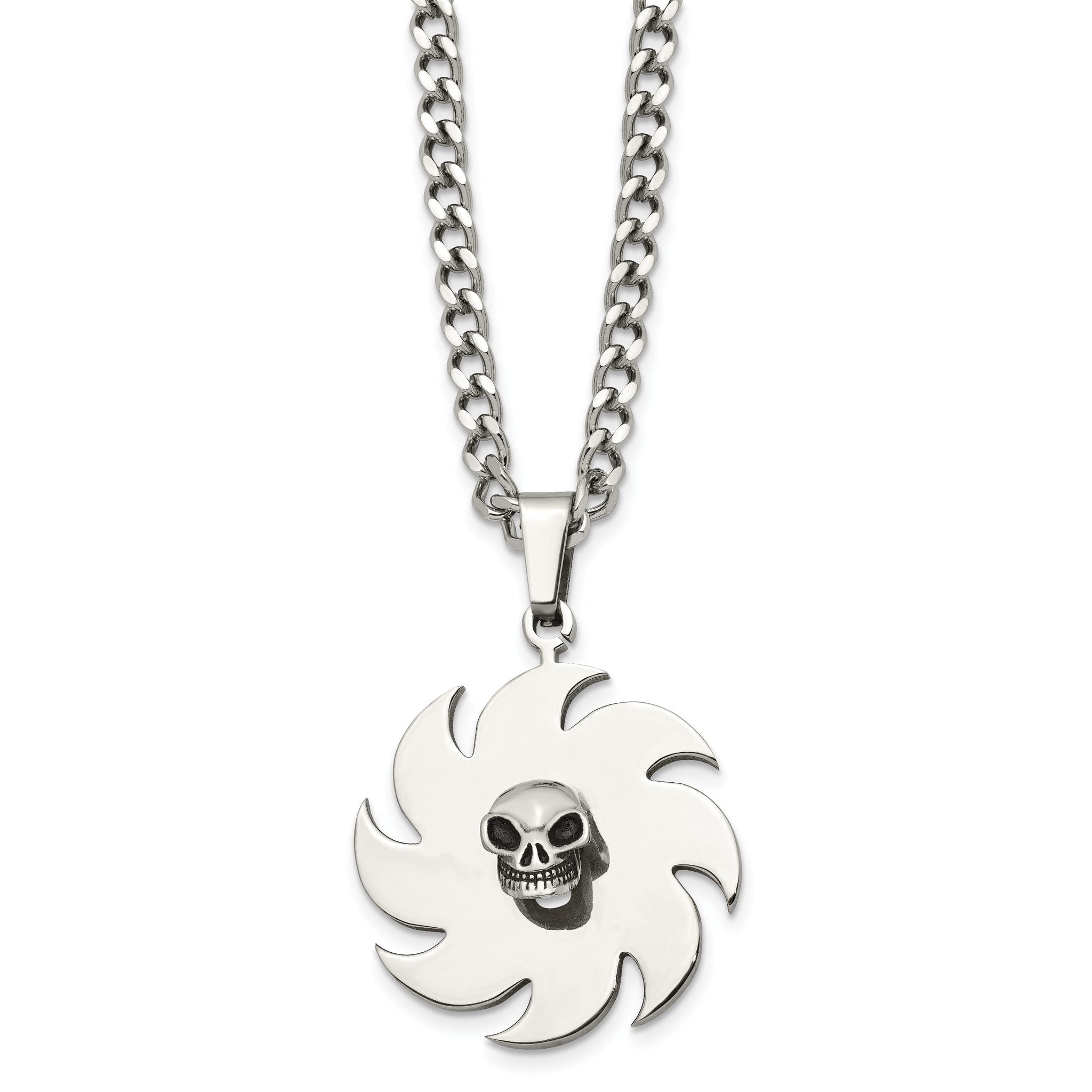 Saw Blade & Skull Pendant Necklace in Stainless Steel, 24in Main image