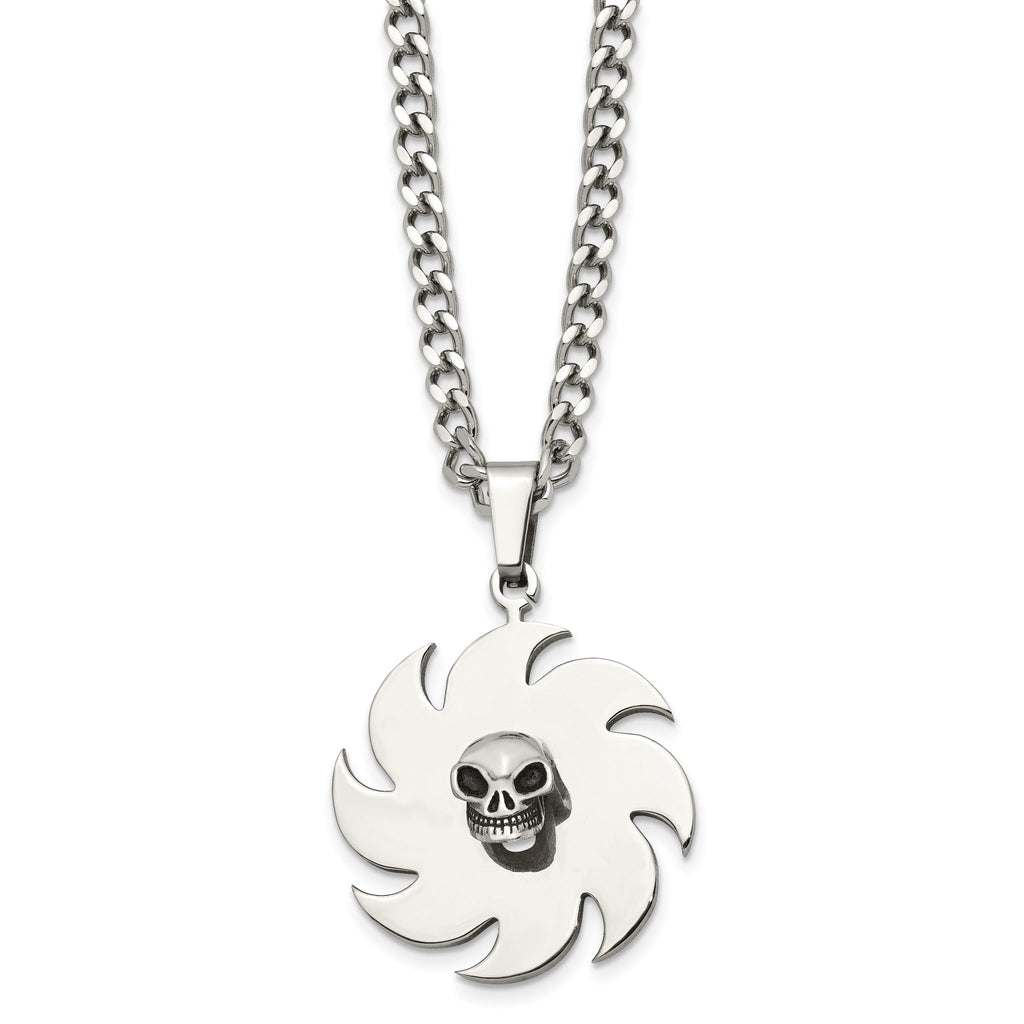 Saw Blade & Skull Pendant Necklace in Stainless Steel, 24in