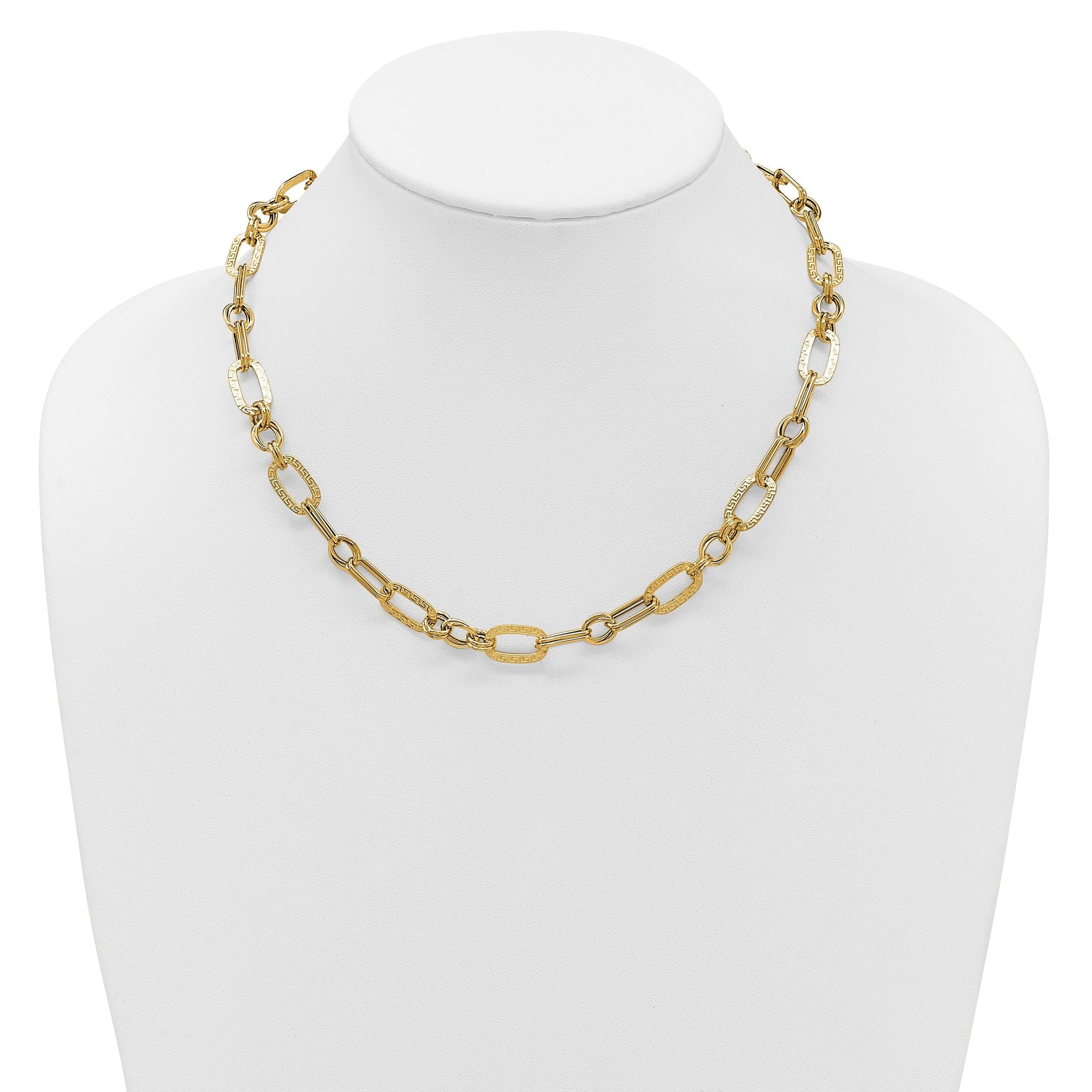 14K Polished and Textured Fancy Greek Key Link Necklace