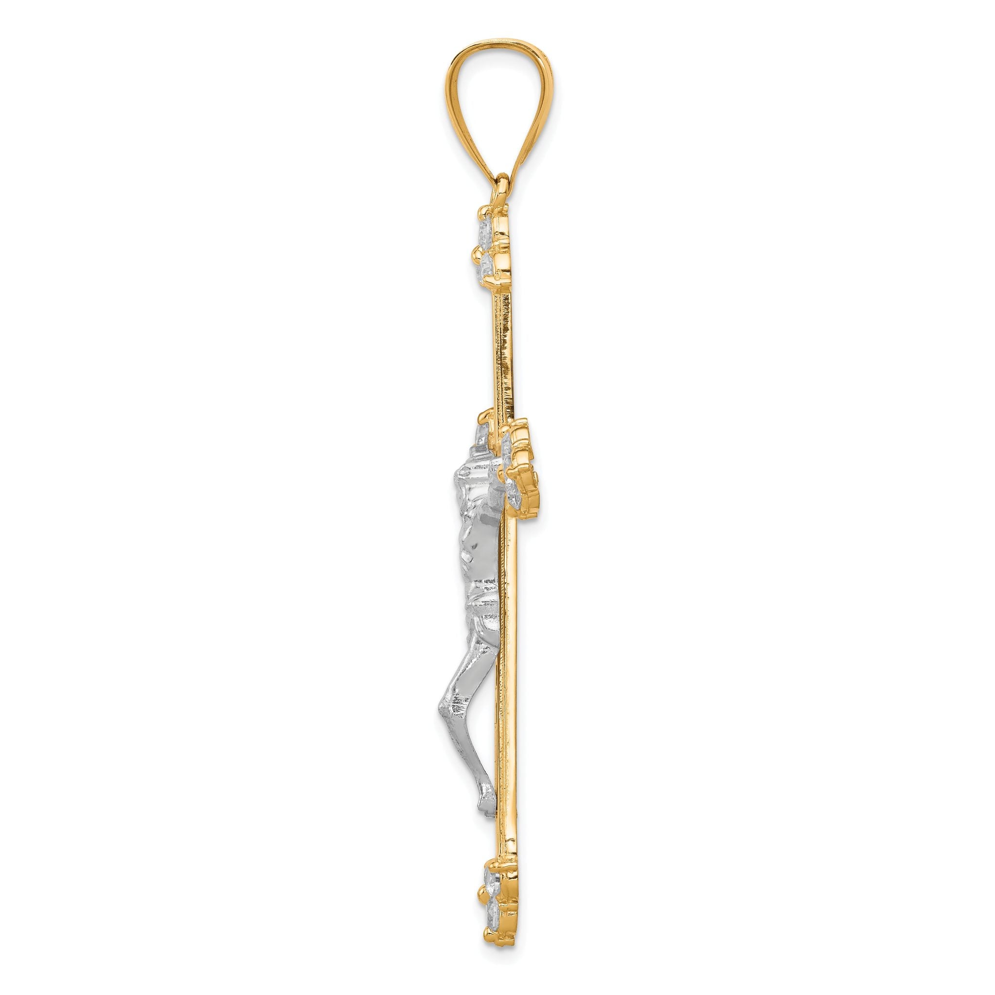 10K Gold CZ Crucifix Pendant with Polished Rhodium Accents  63mm Elegant Design Secondary image