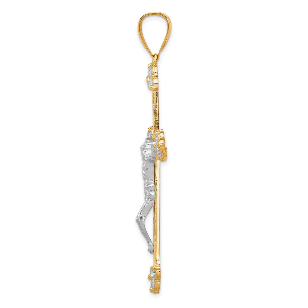 10K Gold CZ Crucifix Pendant with Polished Rhodium Accents  63mm Elegant Design