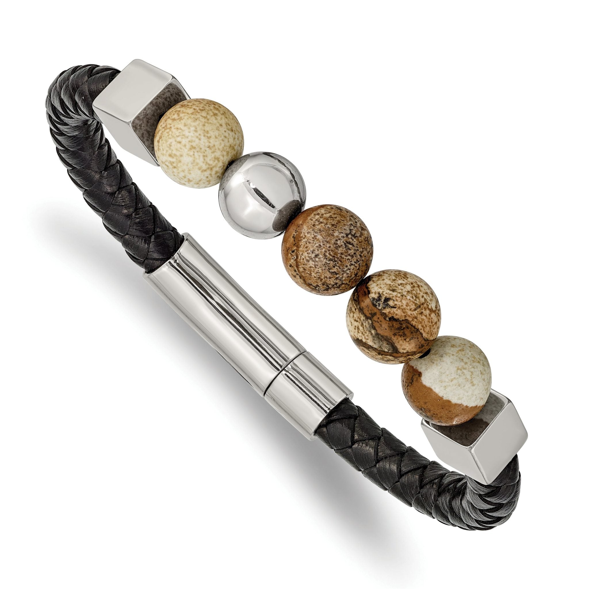 Stainless Steel Polished with Brown Jasper Beads Black Leather Bracelet for Men