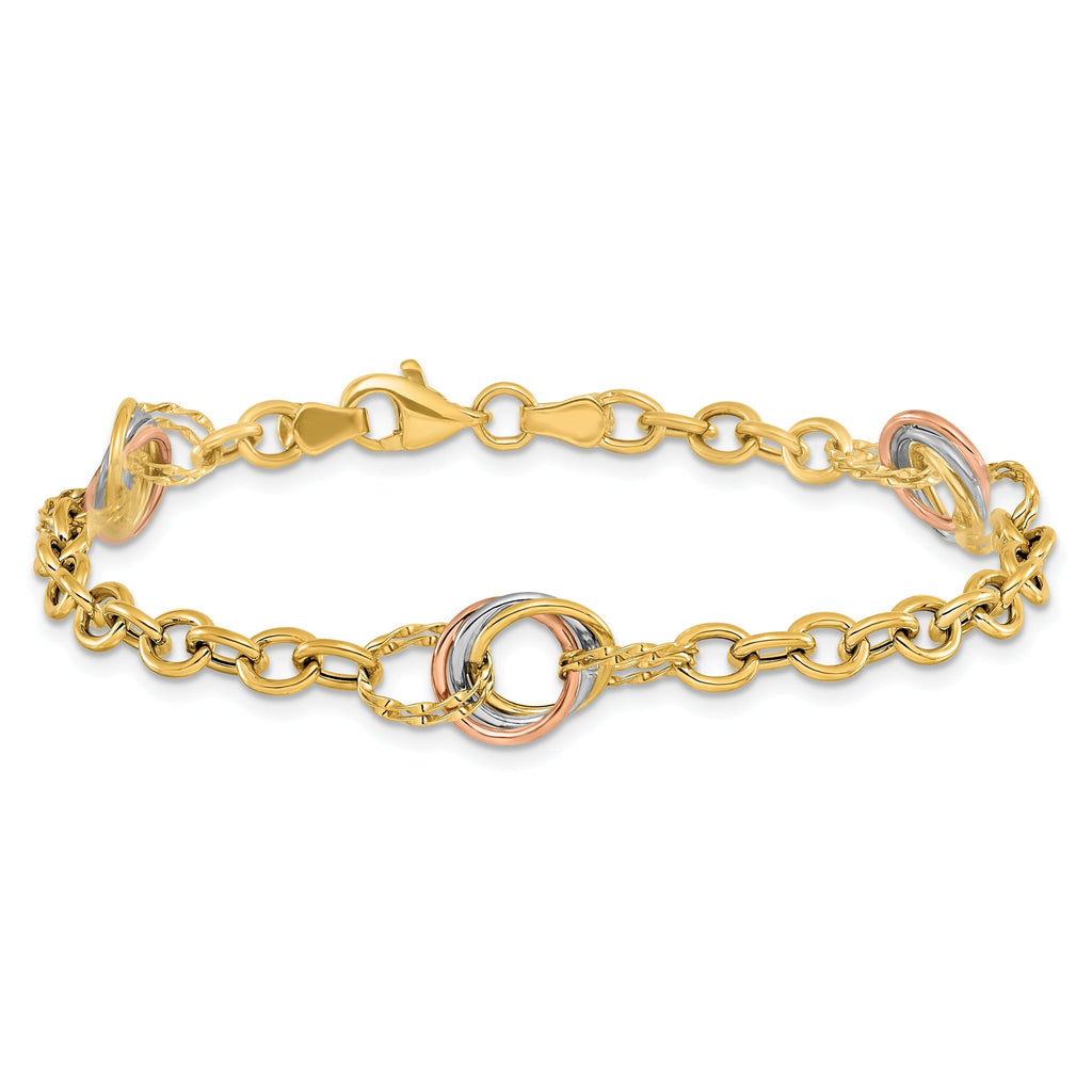 10K Tri-color Polished and Textured Fancy Link Bracelet