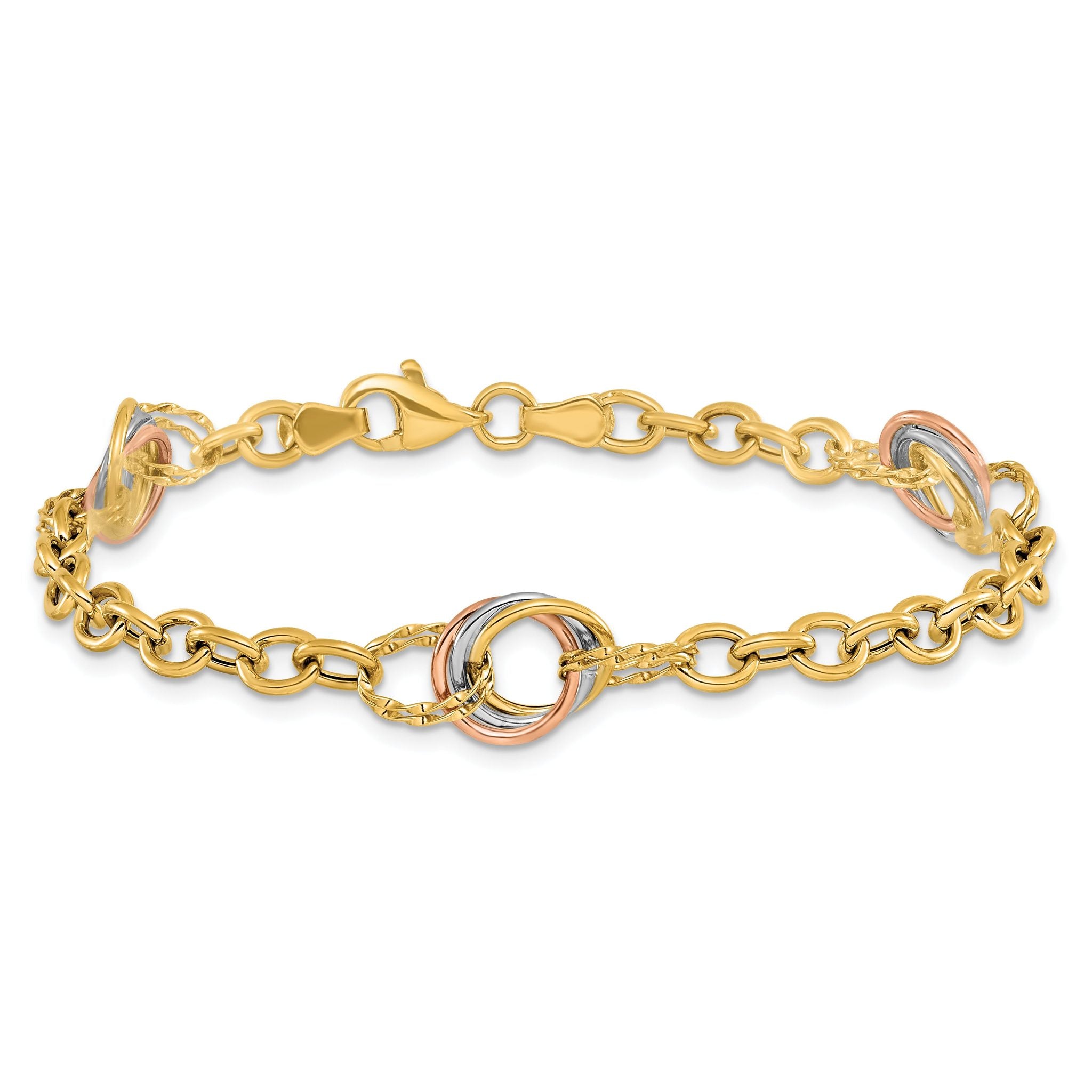 10K Tri-color Polished and Textured Fancy Link Bracelet