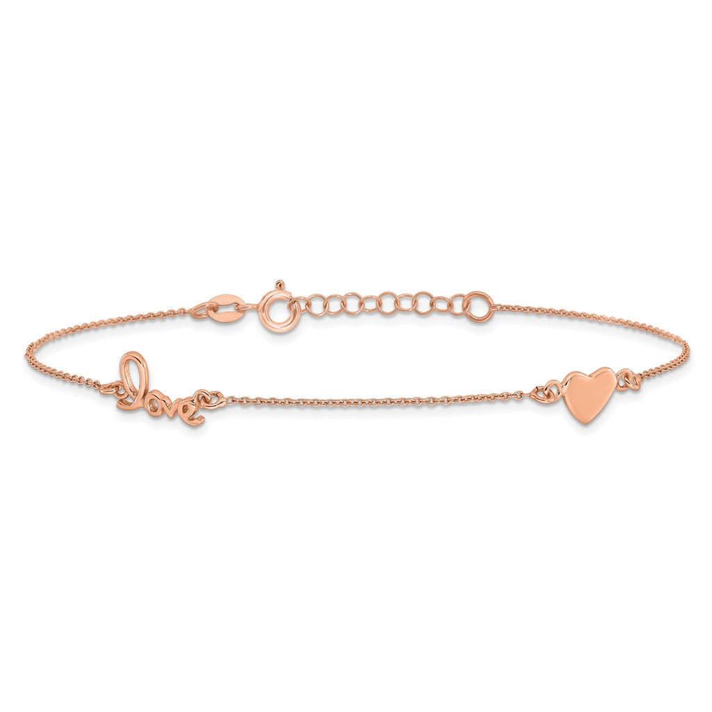 Sterling Silver Rose-tone Heart/LOVE Script 9 inch Plus 1 inch Extender - Total 10 inch Anklet