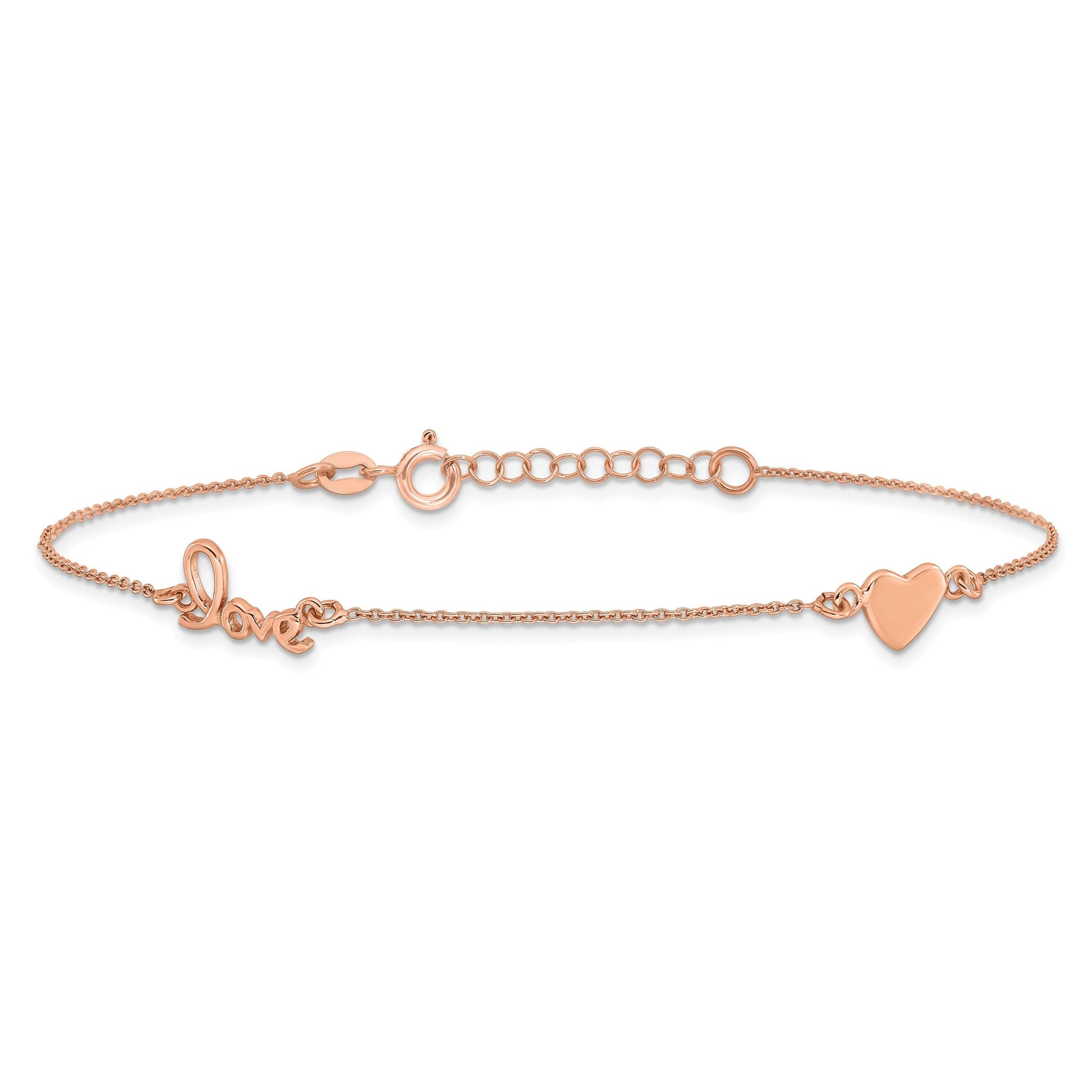 Sterling Silver Rose-tone Heart/LOVE Script 9 inch Plus 1 inch Extender - Total 10 inch Anklet