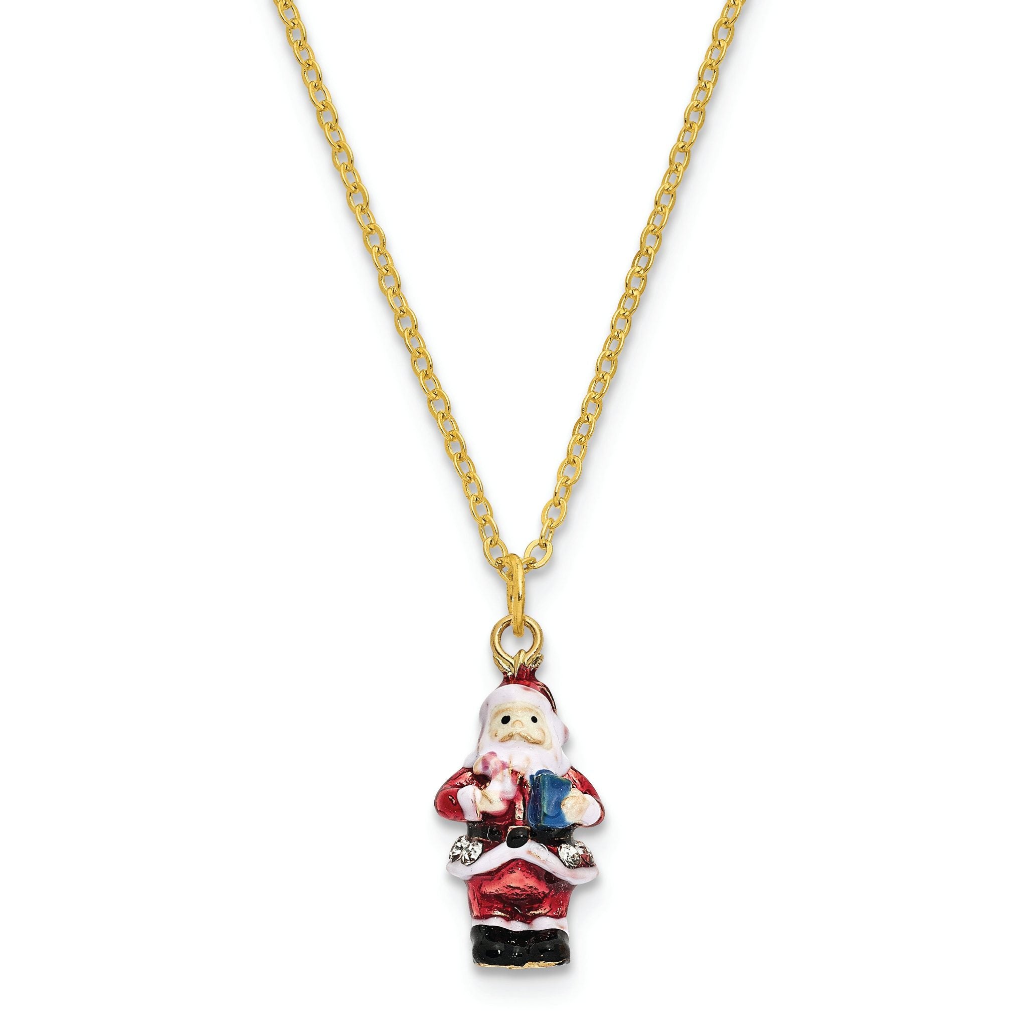 Luxury Giftware by Jere Bejeweled Crystals Gold-tone Enameled CHRISTMAS CALLER Santa Claus Trinket Box with Matching 18 Inch Necklace