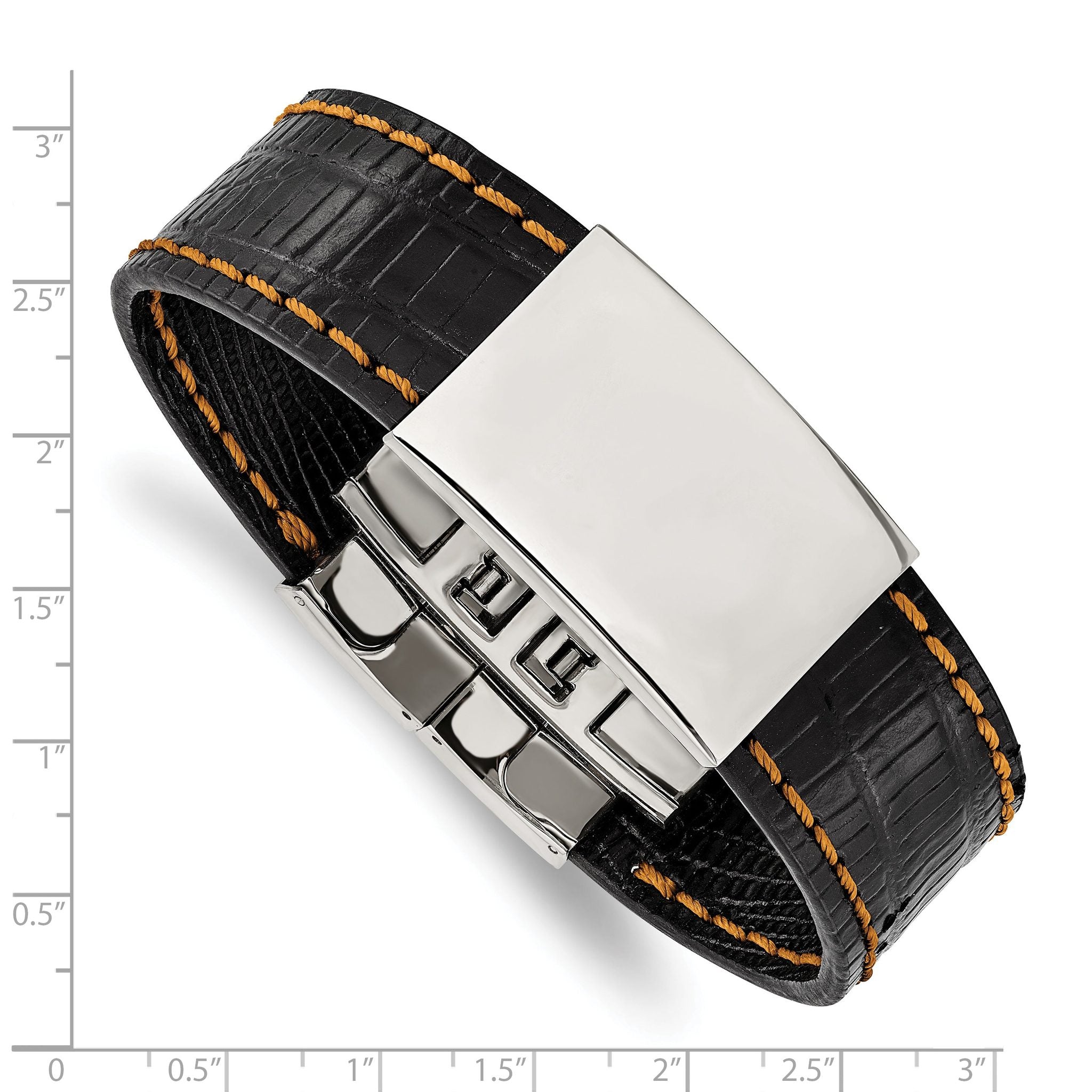 Stainless Steel Polished Black Leather/Orange Stitch ID Bracelet for Men
