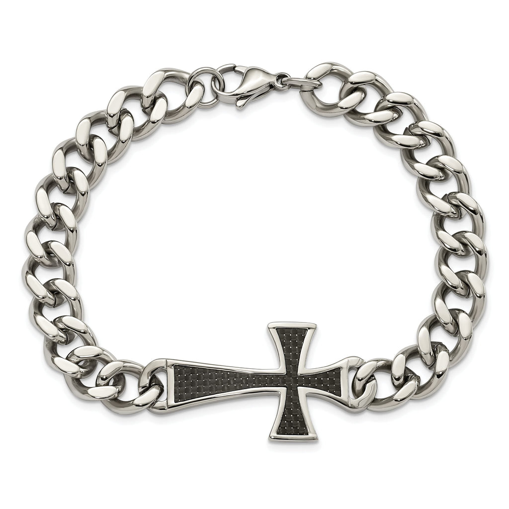 Stainless Steel Polished with Black Carbon Fiber Inlay Cross Bracelet for Men