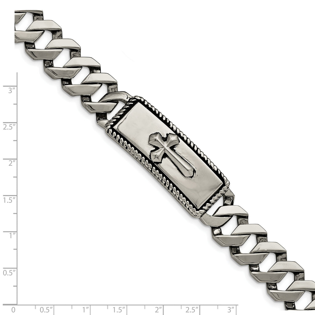 Stainless Steel Antiqued Polished and Textured Cross ID Bracelet for Men