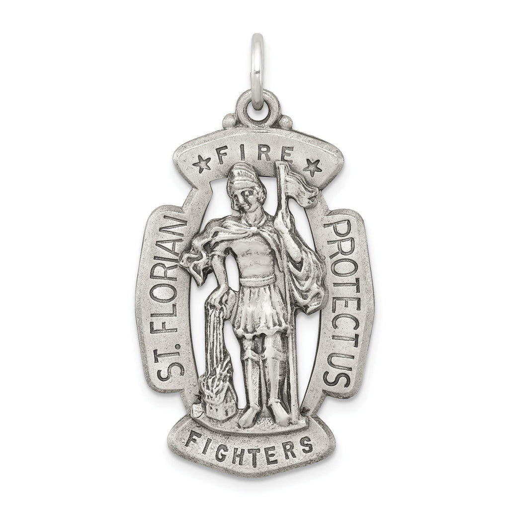 Sterling Silver 925 Saint Florian Antiqued Medal Pendant Solid Themed Design