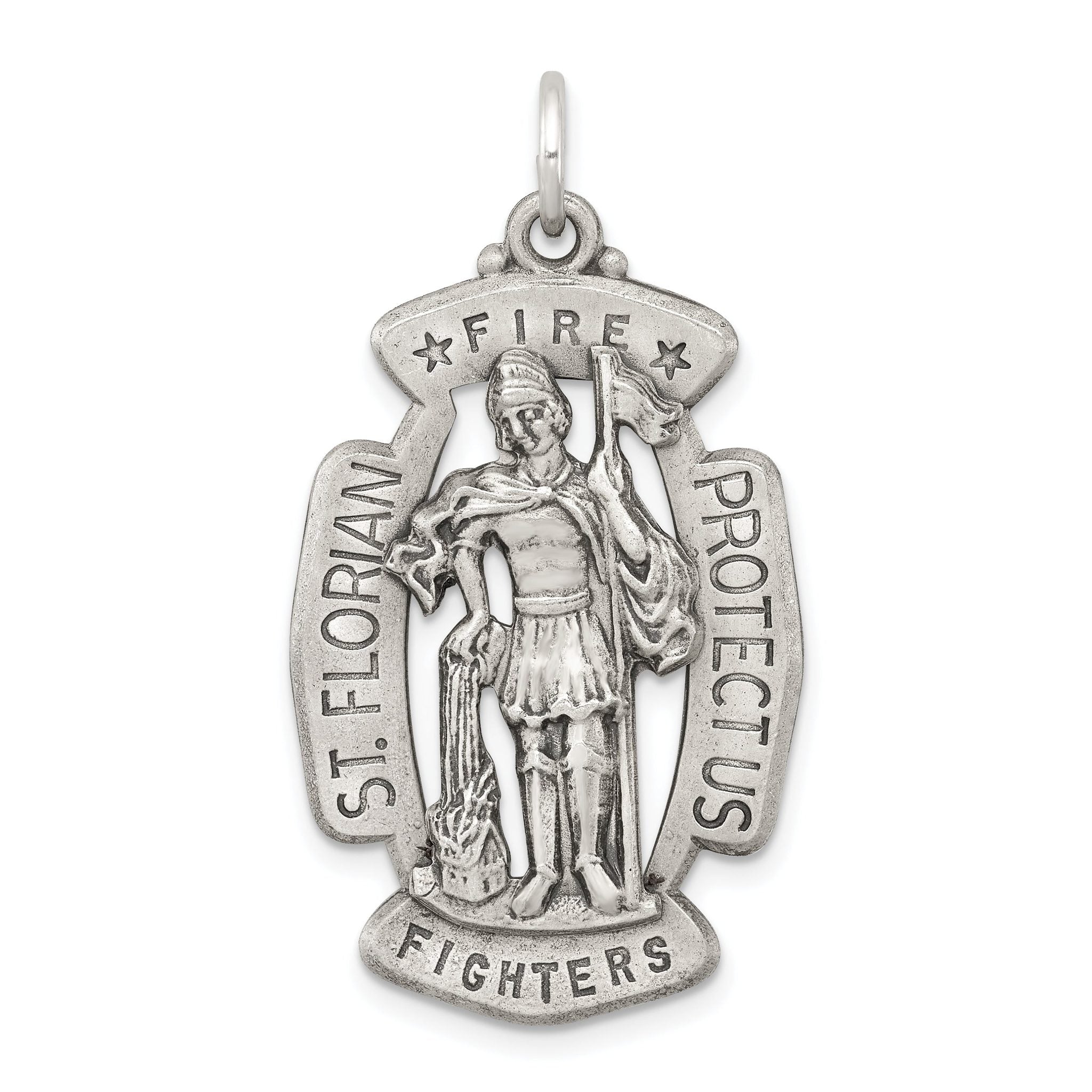 Sterling Silver 925 Saint Florian Antiqued Medal Pendant Solid Themed Design