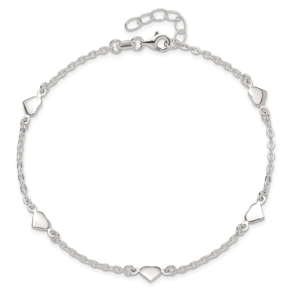 Sterling Silver Hearts 5-Station 9 inch Plus 1 inch Extender - Total 10 inch Anklet