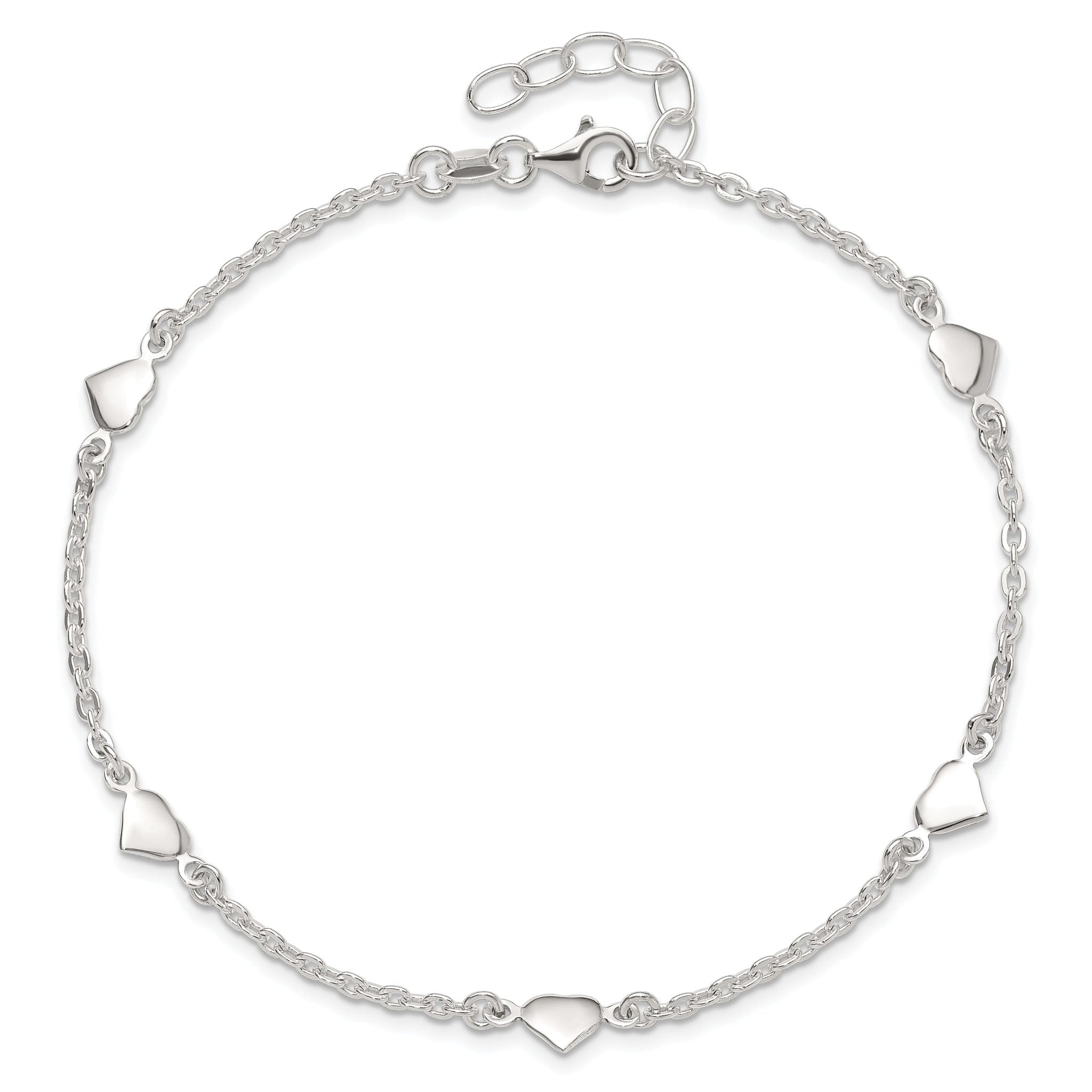 Sterling Silver Hearts 5-Station 9 inch Plus 1 inch Extender - Total 10 inch Anklet