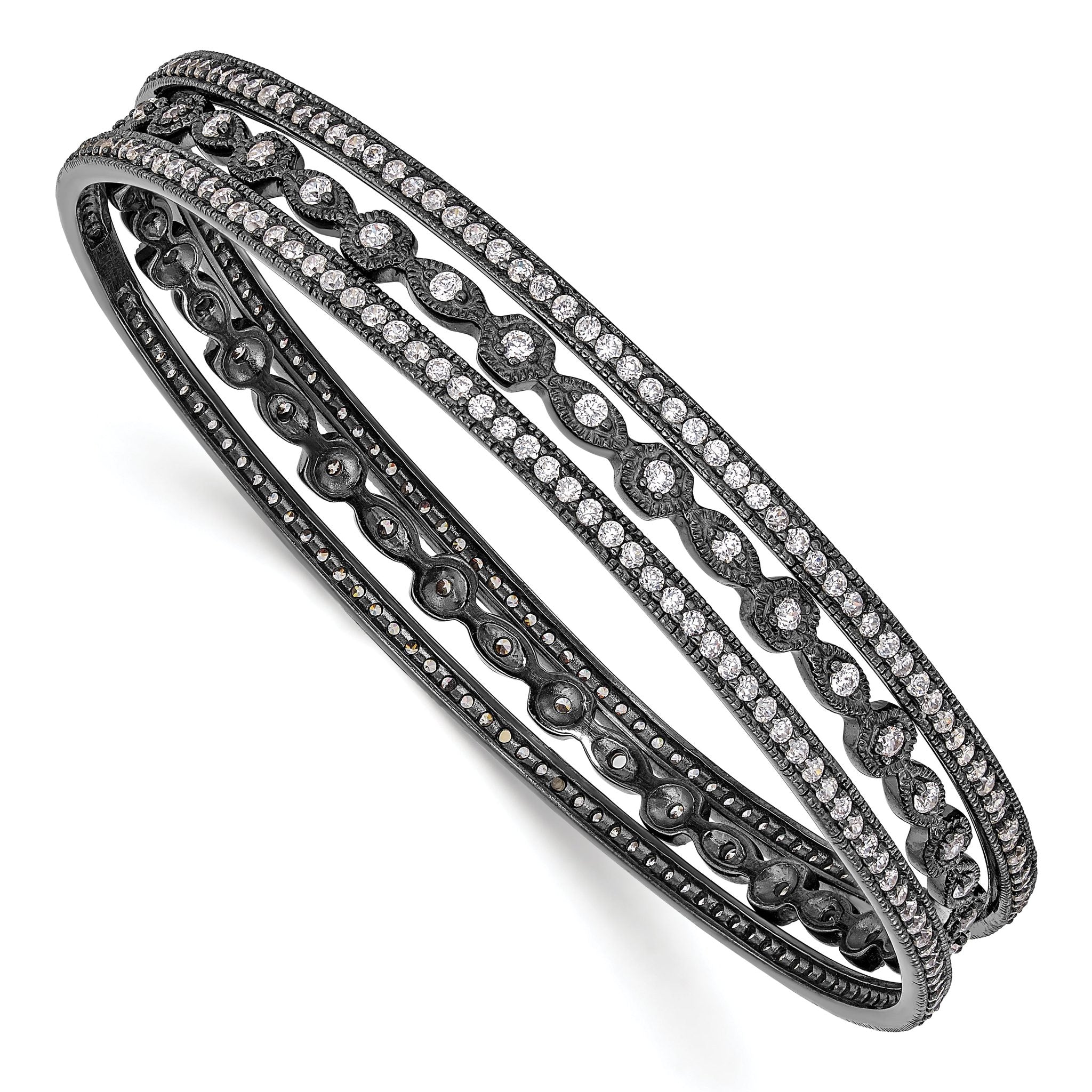 Cheryl M Sterling Silver Black-plated CZ Three Bangle Set Main image