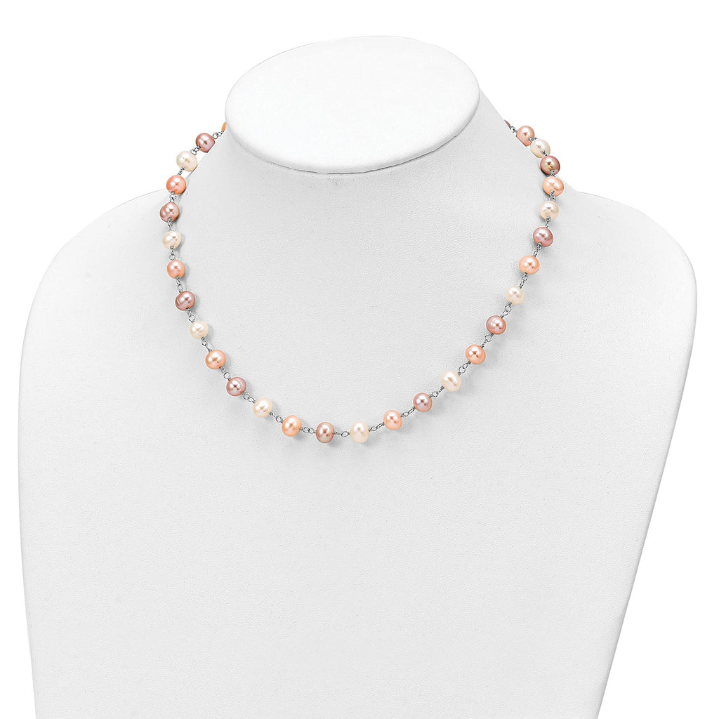 Sterling Silver Rhodium-plated 6-7mm White, Pink and Purple Semi-Round Freshwater Cultured Pearl 18 inch Necklace, 7.25 inch Bracelet and 3-piece Button Post Earrings Set