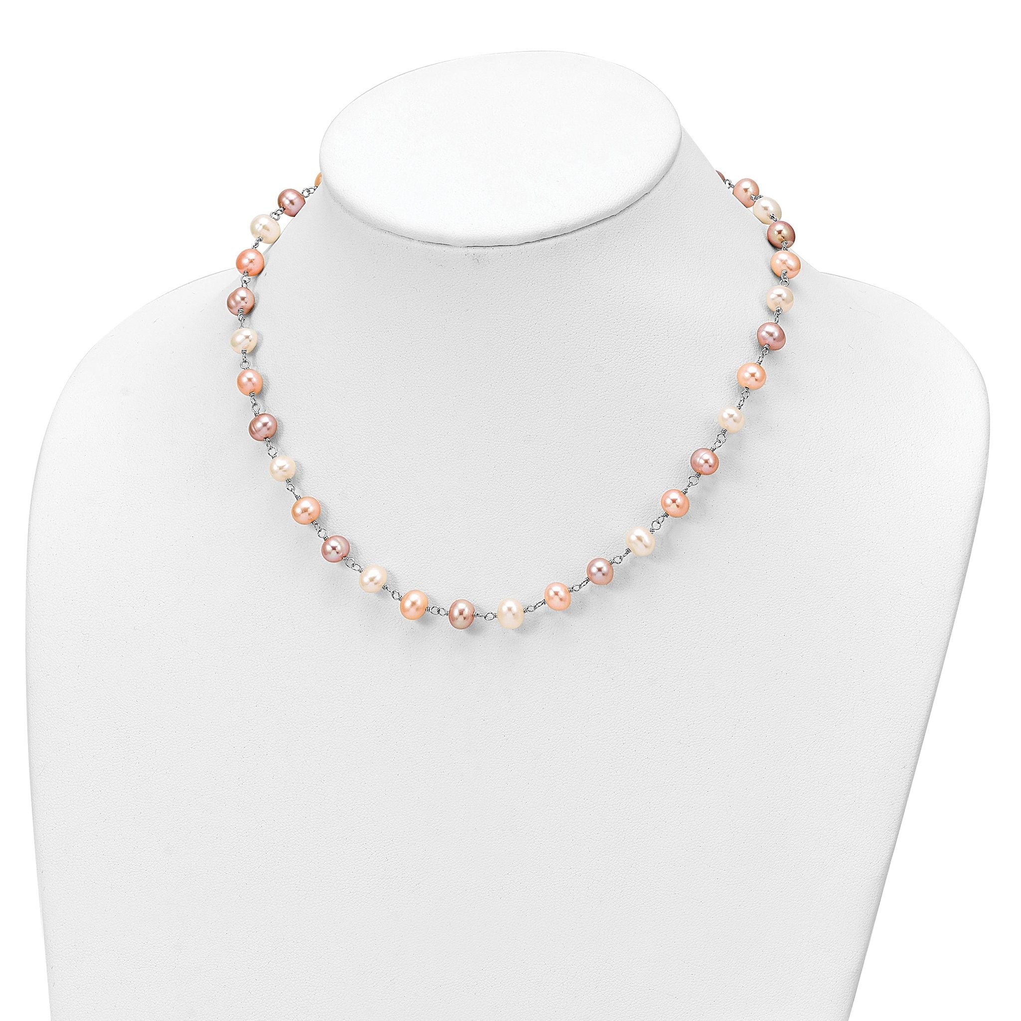 Sterling Silver Rhodium-plated 6-7mm White, Pink and Purple Semi-Round Freshwater Cultured Pearl 18 inch Necklace, 7.25 inch Bracelet and 3-piece Button Post Earrings Set