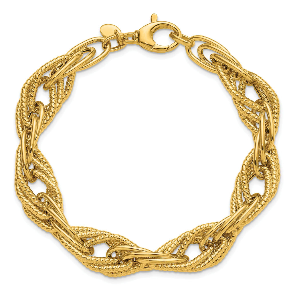 14K Polished and Textured Fancy Triple Link Bracelet