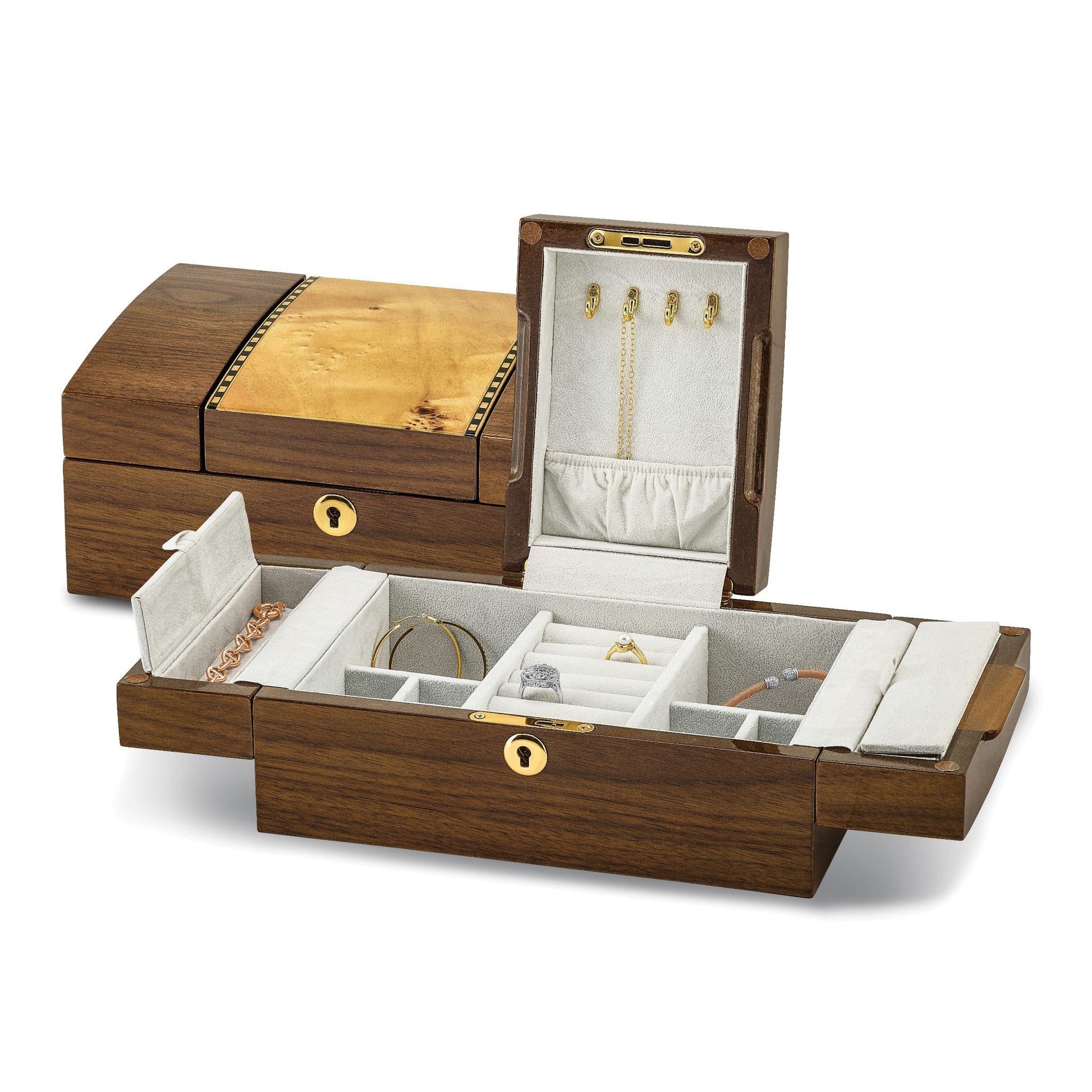Luxury Giftware High GloSterling Silver Mapa Burl and Walnut Burl Veneer Fold-out Top Locking Wooden Jewelry Box