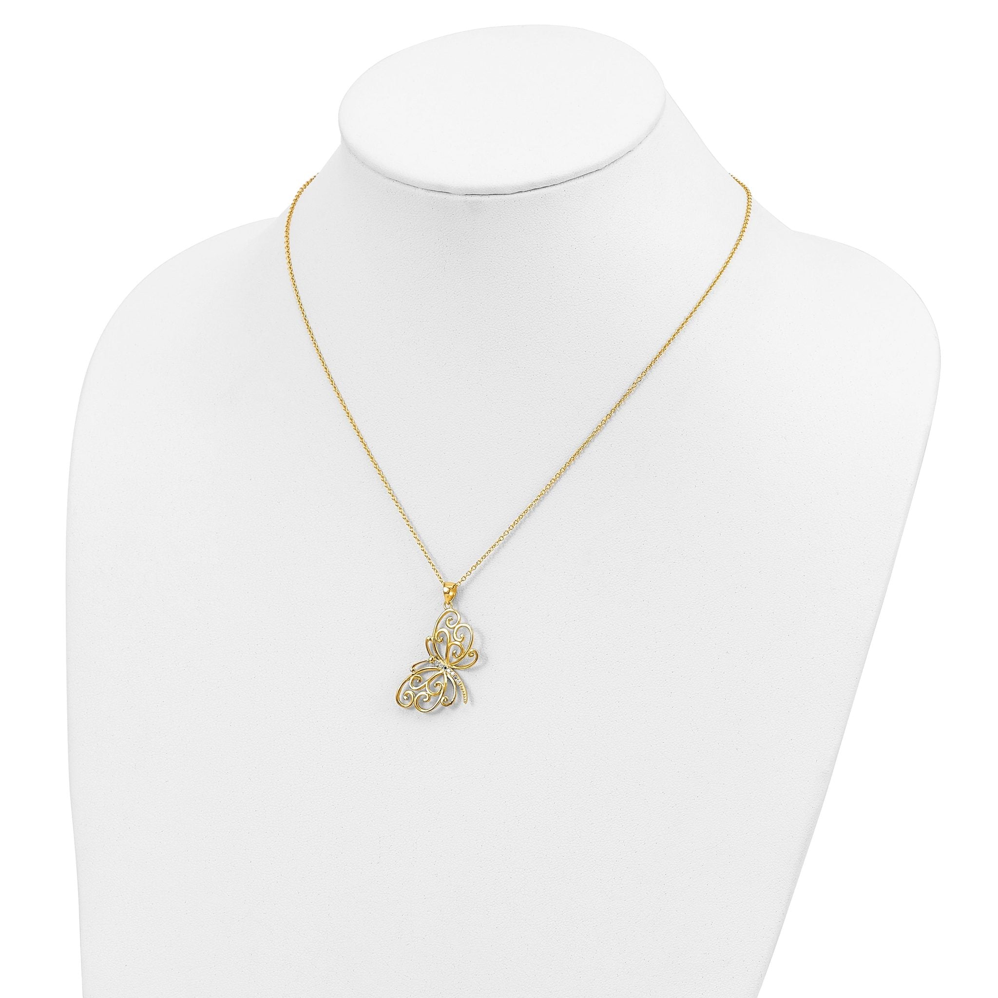 Cheryl M Sterling Silver Gold-plated Polished CZ Butterfly 16 Inch with 2 Inch Extension Necklace