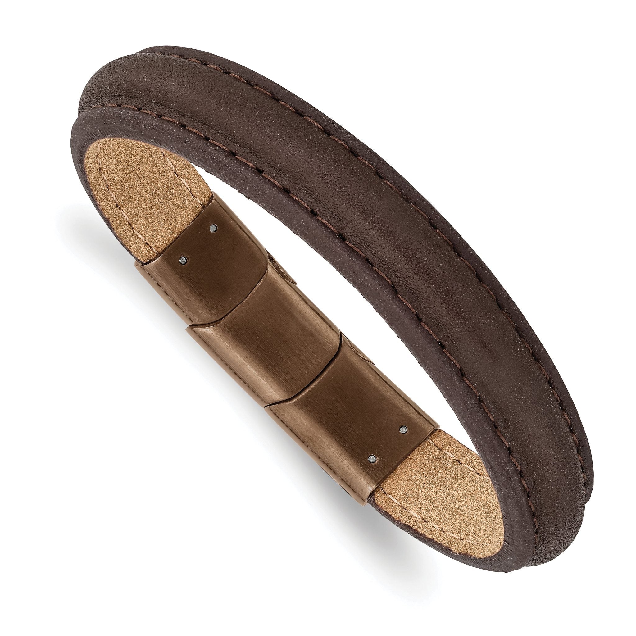 Stainless Steel Polished Rose IP Brown Leather with . ext Bracelet