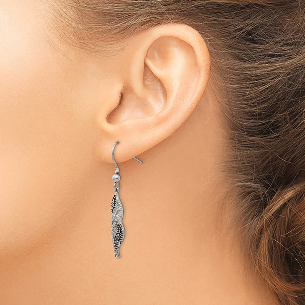 Stainless Steel Polished & Antiqued Black Cubic Zirconia Drop Dangle Earrings for Women