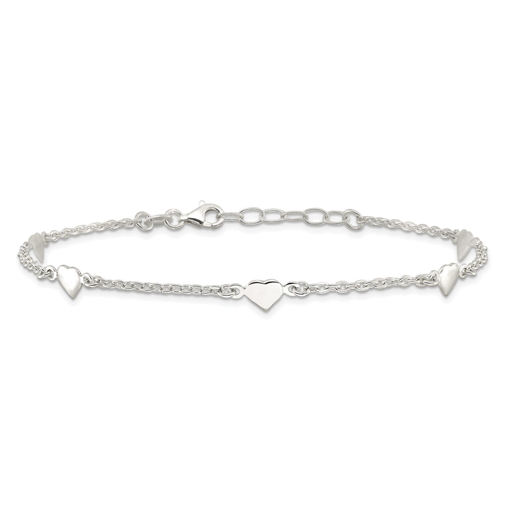 Sterling Silver Hearts 5-Station 9 inch Plus 1 inch Extender - Total 10 inch Anklet