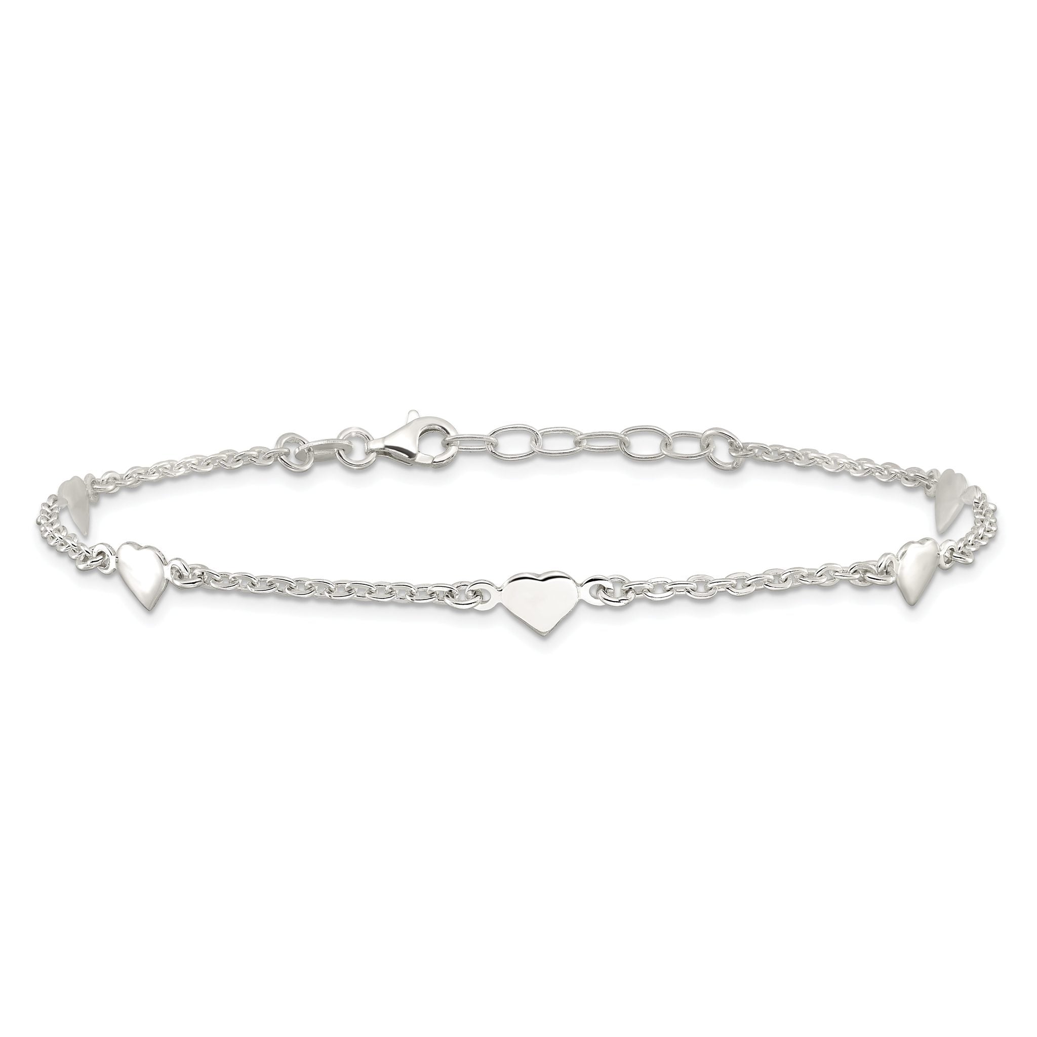 Sterling Silver Hearts 5-Station 9 inch Plus 1 inch Extender - Total 10 inch Anklet