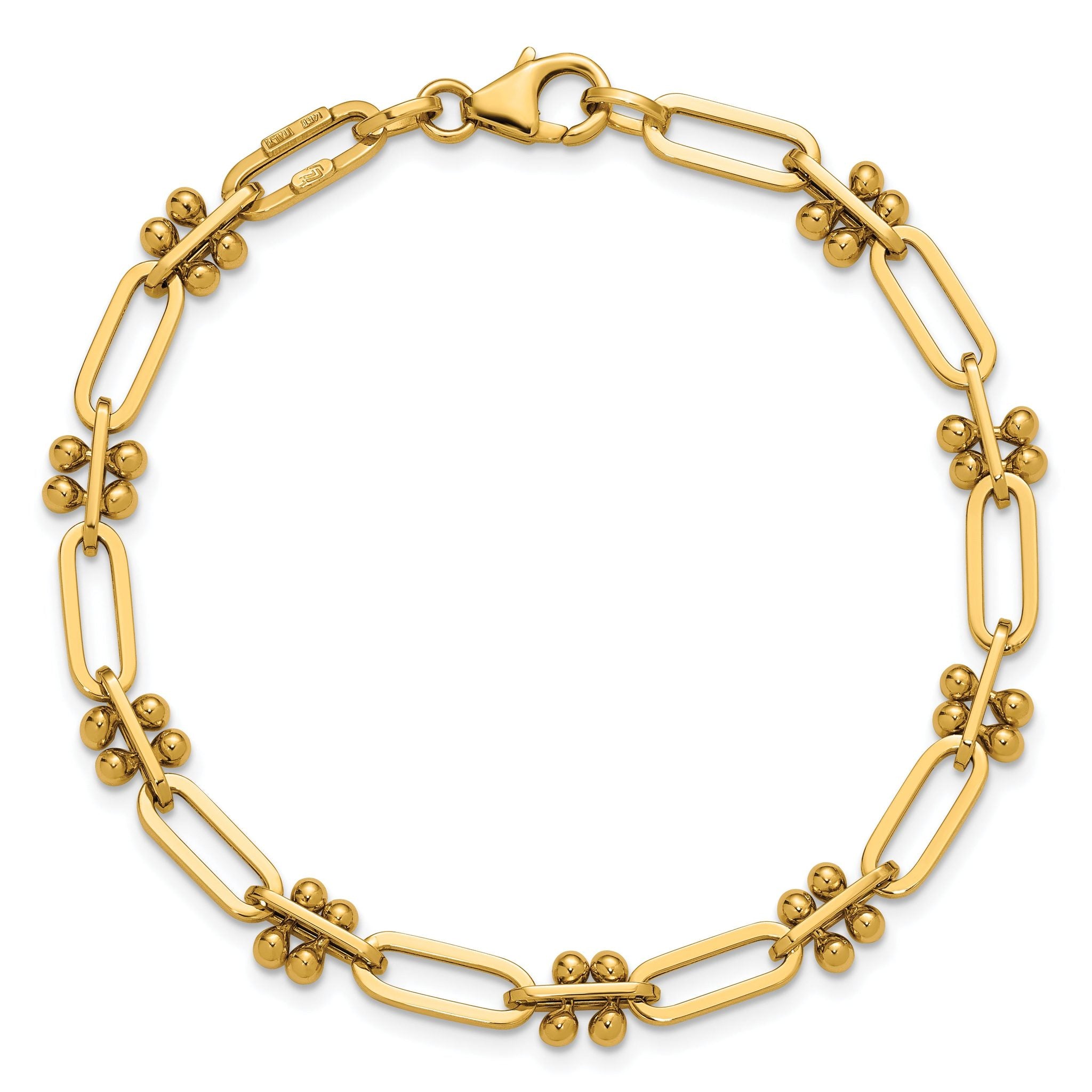 14K Polished and Beaded Fancy Paperclip Bracelet