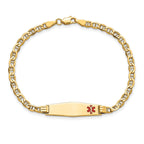 14K Medical Semi-Solid Chain/Solid Plate 26x7mm Soft Diamond Shape Off-Center Red Enamel Anchor Link 7 inch ID Bracelet