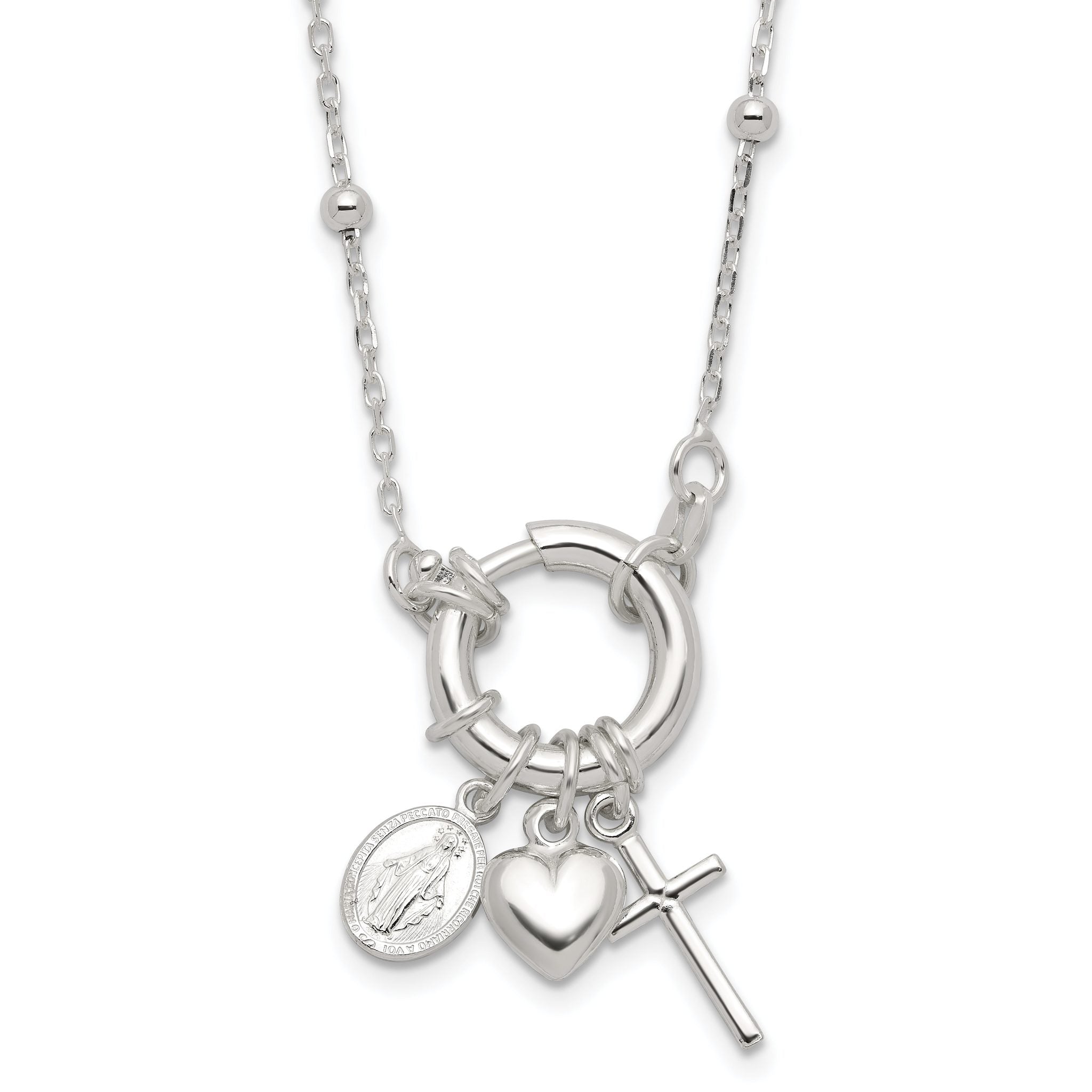 Sterling Silver Heart/Miraculous Medal/Cross Charm 18in Necklace Main image