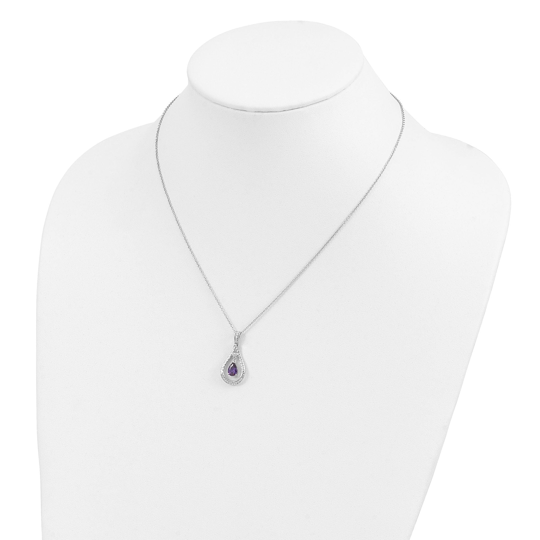 Sentimental Expressions Sterling Silver Rhodium-plated Feb. CZ Stone Never Forget Tear 18 Inch Birthstone Necklace