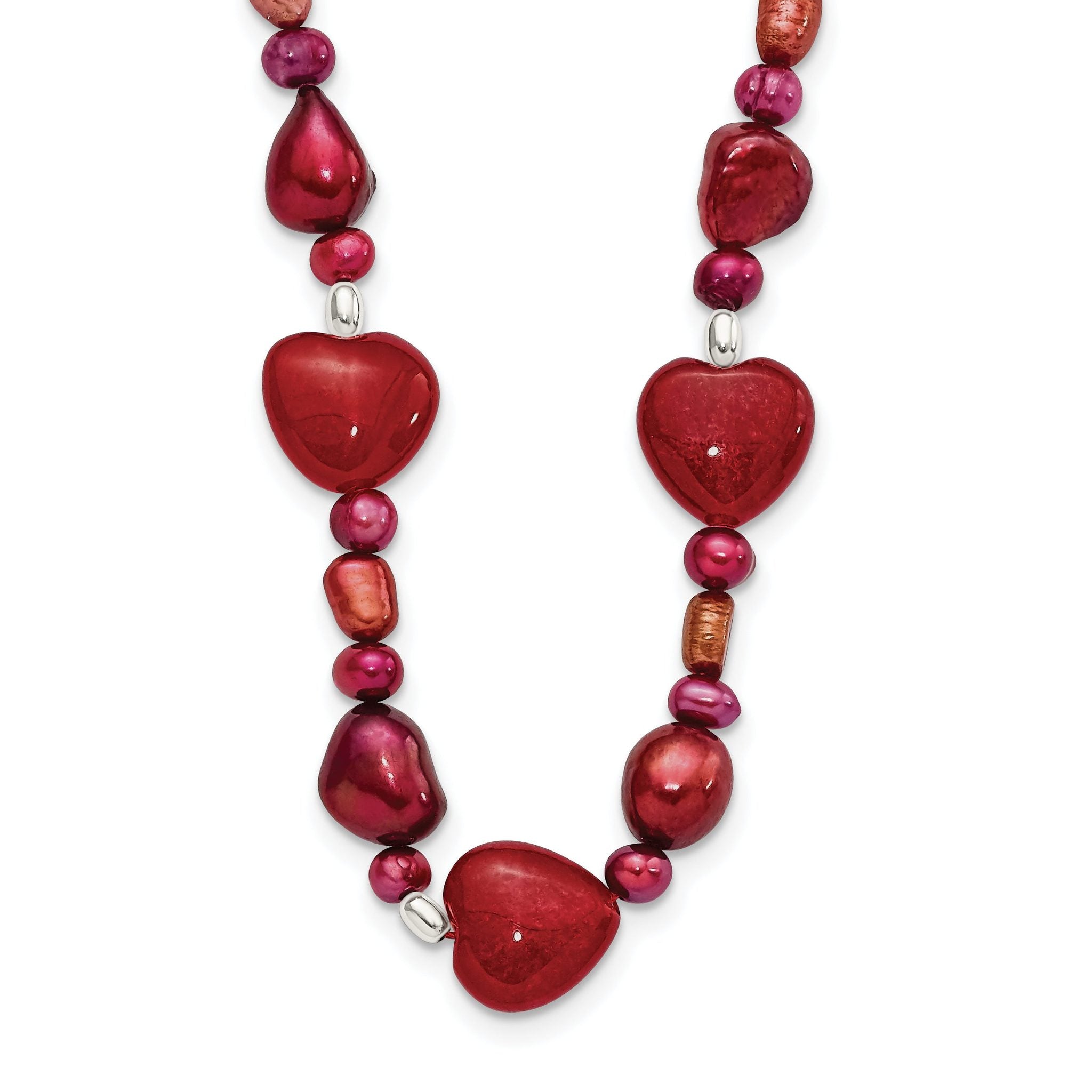 Sterling Silver Red Jade Hearts/FW Cultured Pearl Necklace Main image