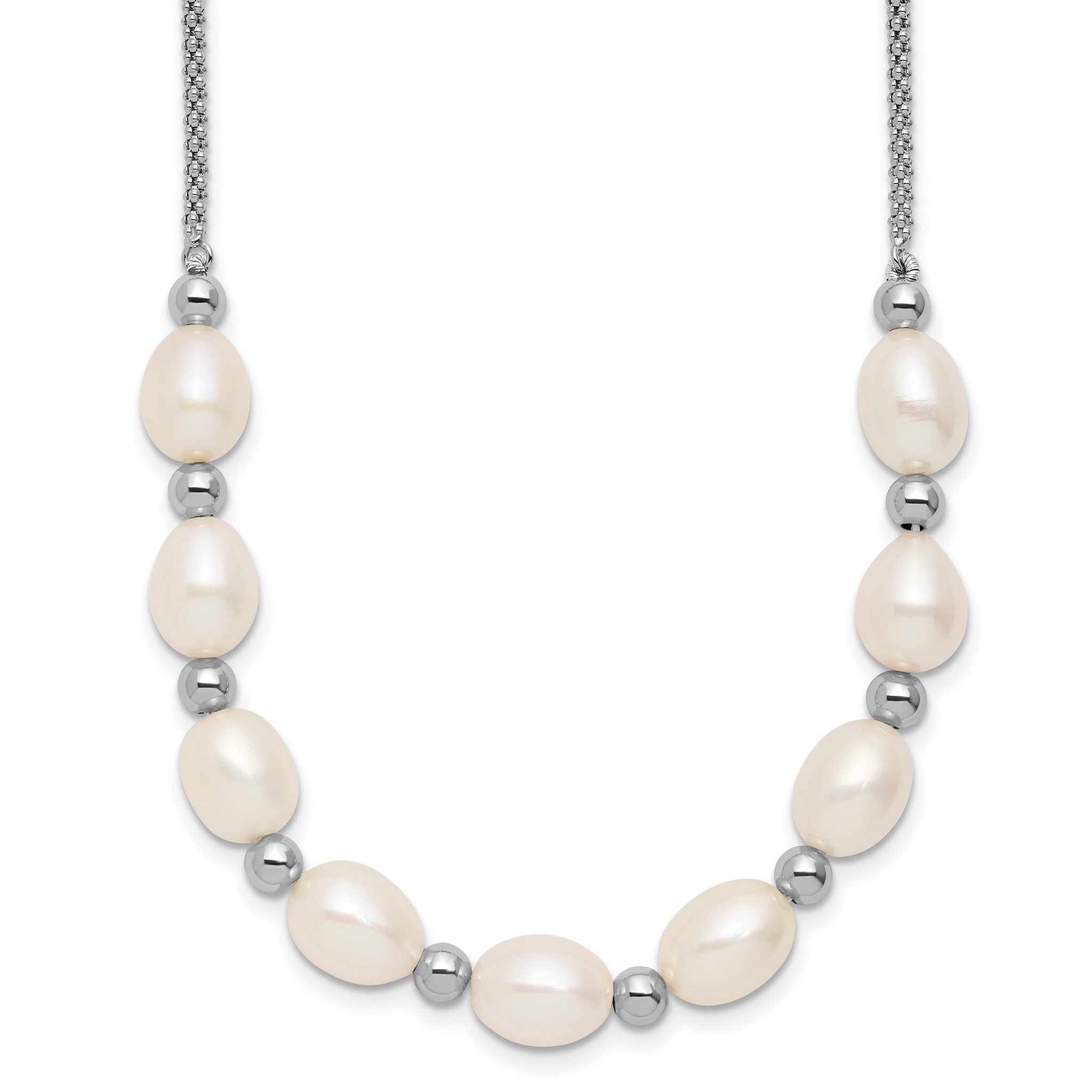 Sterling Silver Rhodium-plated Polished and Beaded 7-8mm Freshwater Cultured Rice Pearl 16 Inch with 2 Inch Extension Necklace Main image