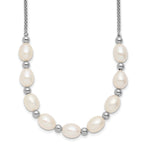 Sterling Silver Rhodium-plated Polished and Beaded 7-8mm Freshwater Cultured Rice Pearl 16 Inch with 2 Inch Extension Necklace
