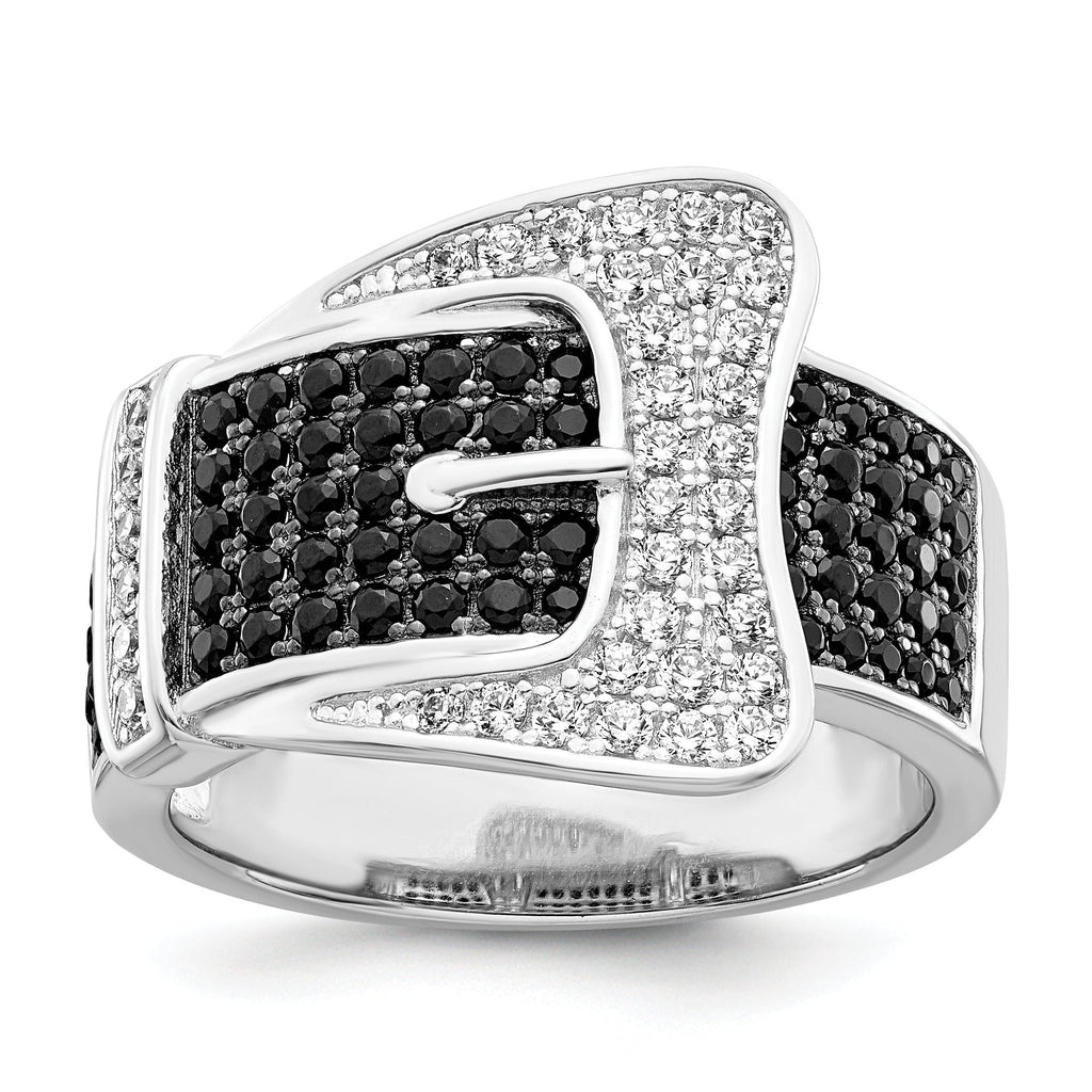 Brilliant Embers Sterling Silver Rhodium-plated 109 Stone Micro Pave Black and White CZ Buckle Ring