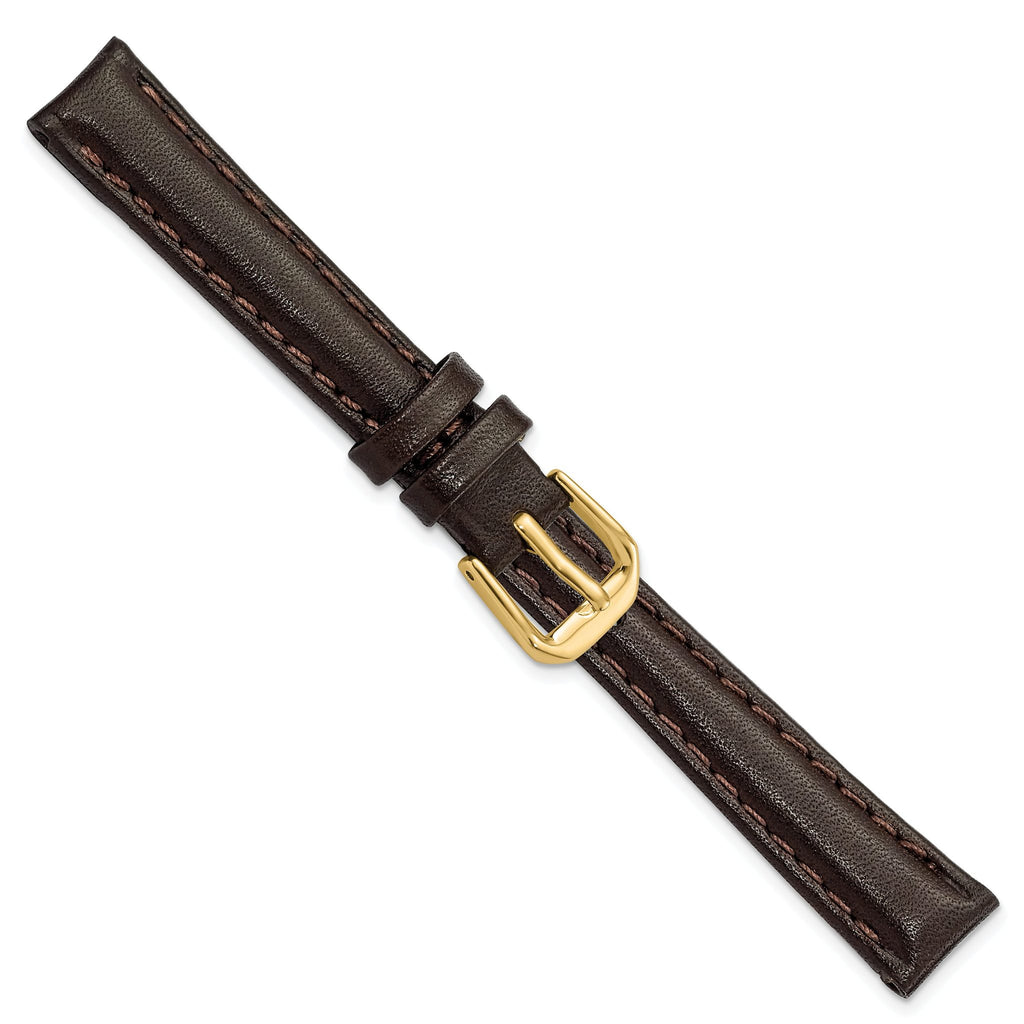 Smooth Leather Watch Band in Dark Brown with Gold-Tone Buckle, 12mm