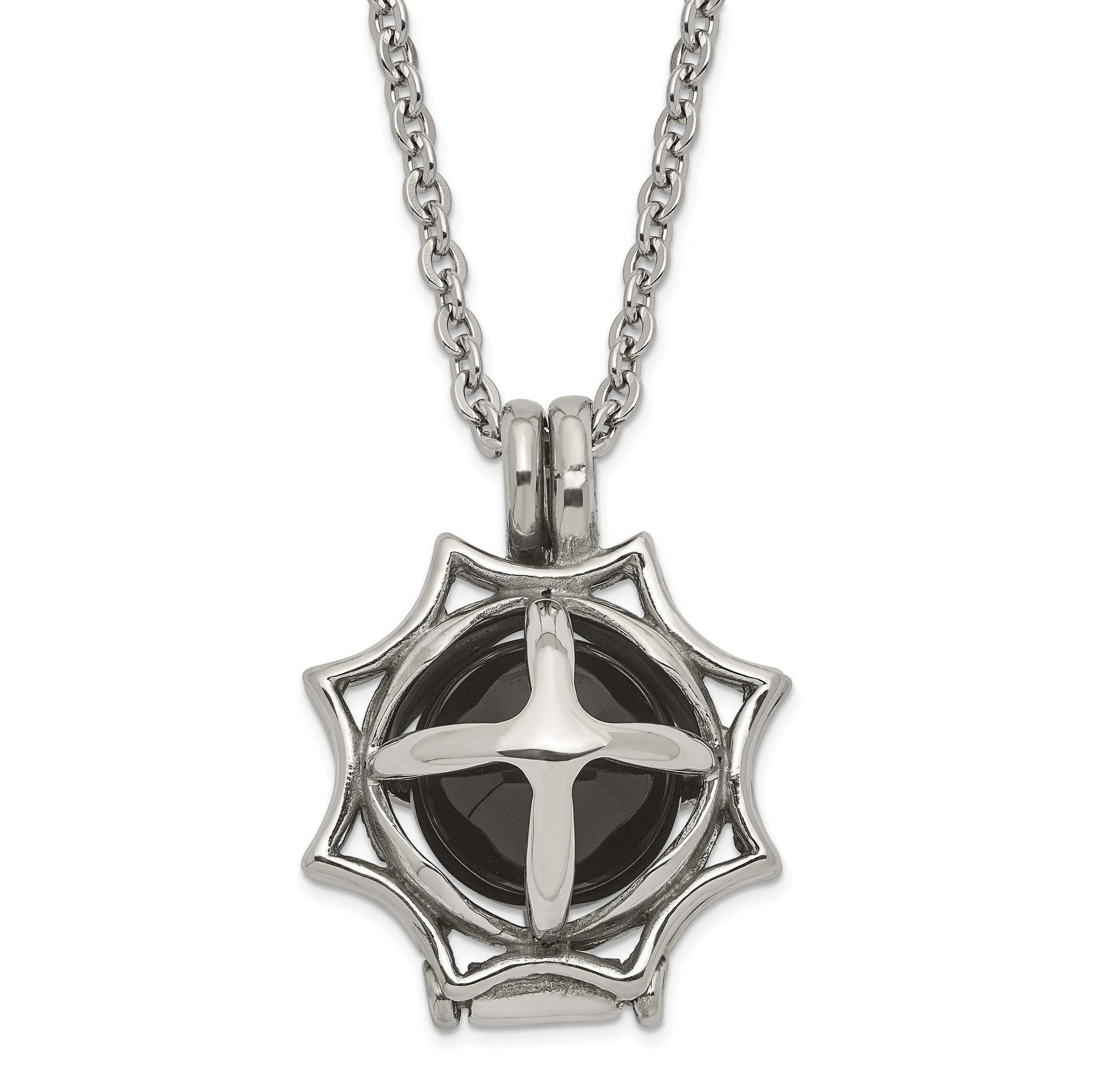 Stainless Steel Polished Black Agate Sun Pendant Necklace Main image
