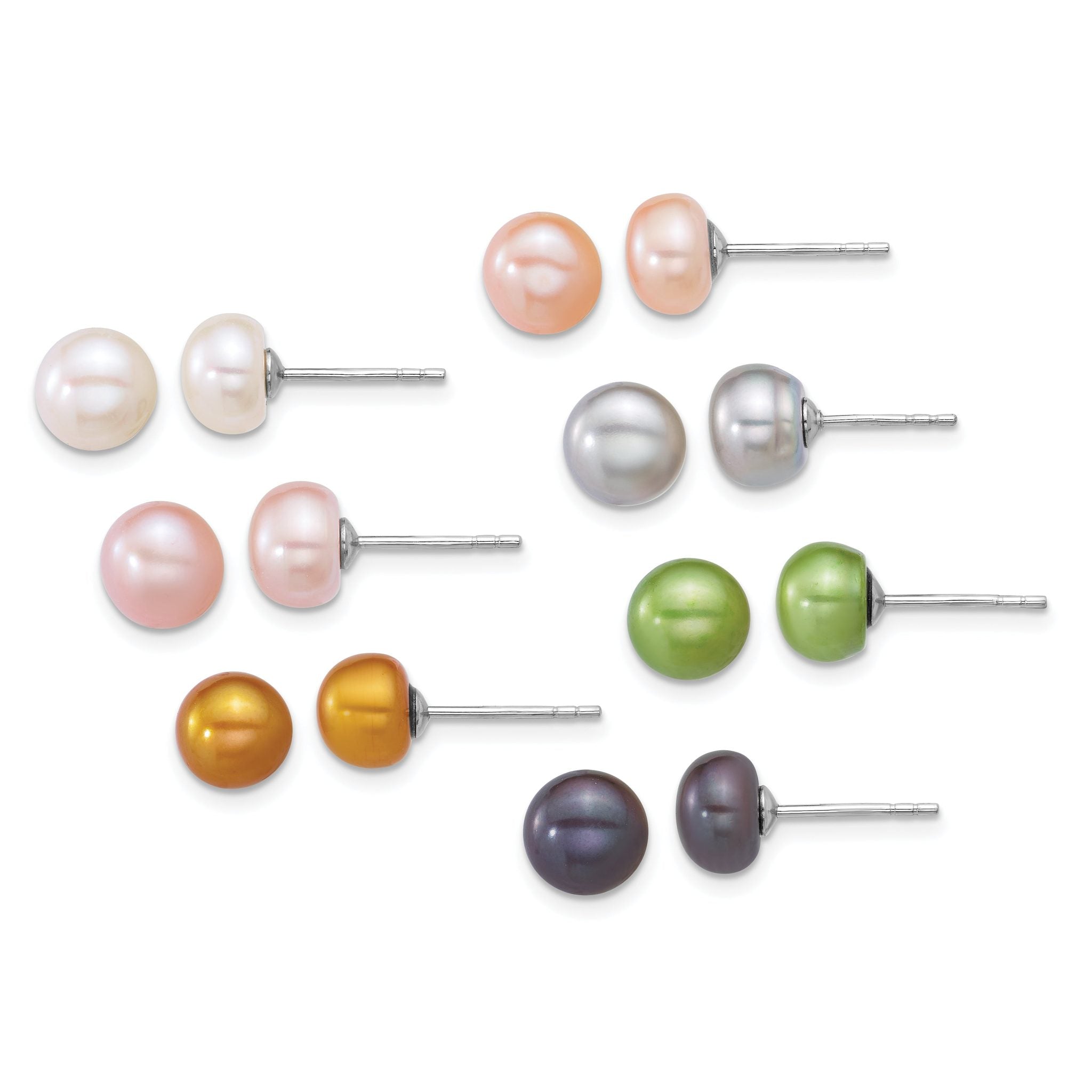 Sterling Silver Rhodium-plated 7-8mm Button White/Pink/Yellow/Peach/Grey/Green/Black Freshwater Cultured Pearl 7-Pair Boxed Post Earring Set Main image
