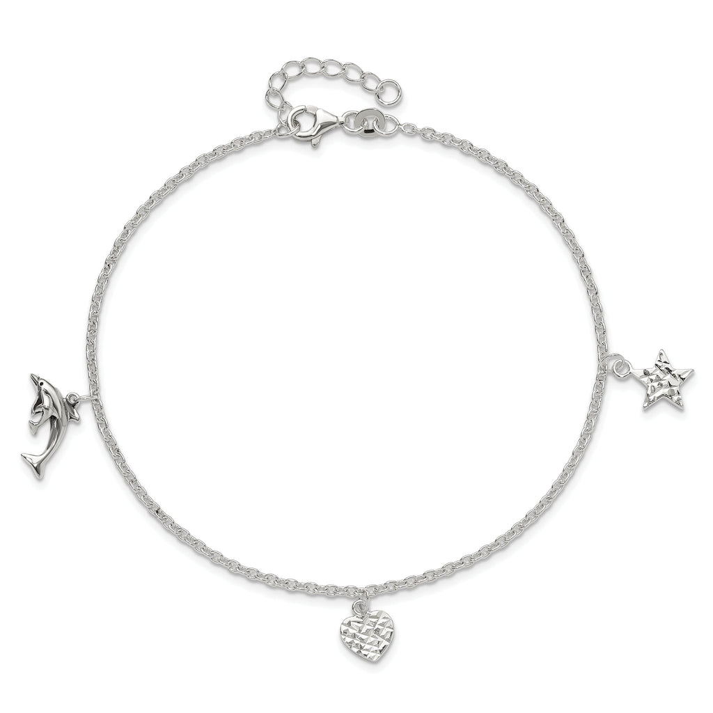 Sterling Silver Heart/Star/Dolphin Charms 9 inch Plus 1 inch Extender - Total 10 inch Anklet