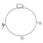 Sterling Silver Heart/Star/Dolphin Charms 9 inch Plus 1 inch Extender - Total 10 inch Anklet