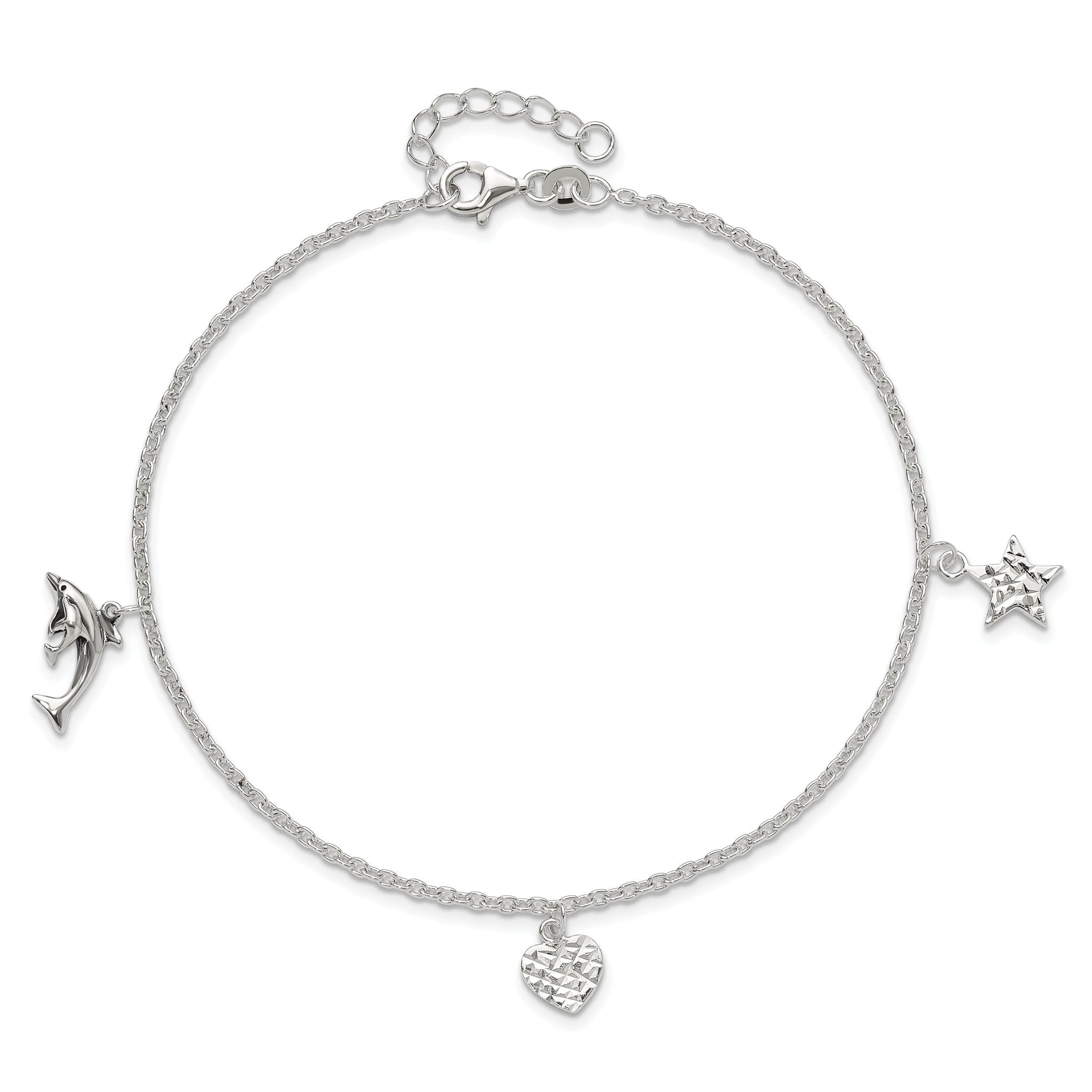 Sterling Silver Heart/Star/Dolphin Charms 9 inch Plus 1 inch Extender - Total 10 inch Anklet
